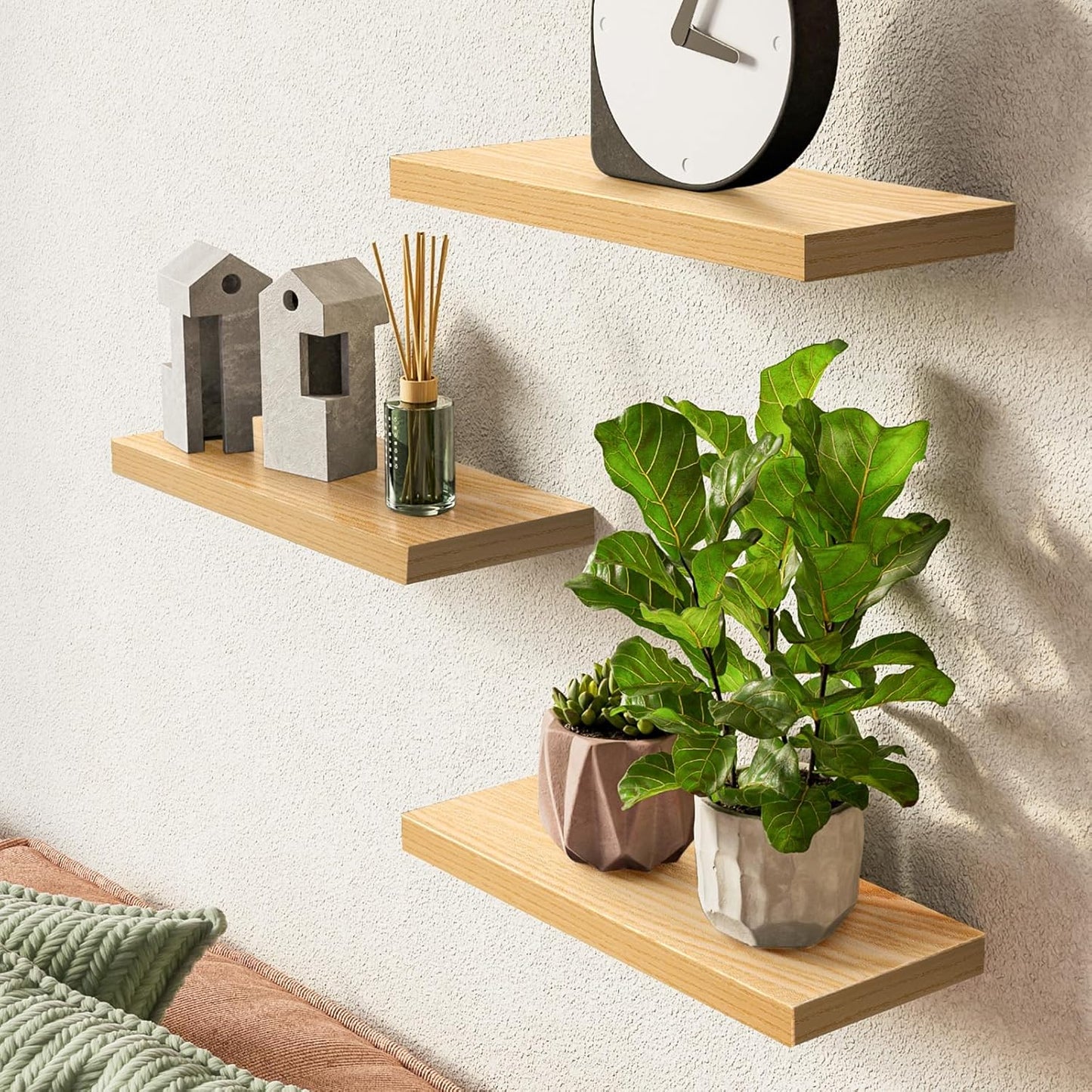 BAYKA Floating Shelves for Wall, Wall Mounted Rustic Wood Shelves for Bathroom, Bedroom, Living Room, Kitchen,Small Hanging Shelf for Books/Storage/Room Decor (Light Oak-Toned, Set of 3, 15.7in)