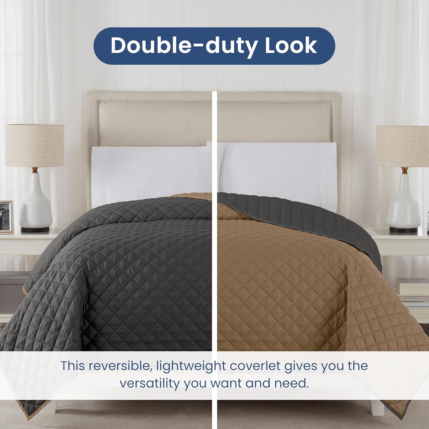 Martex Reversible Coverlet – Full Queen Size Quilt - Lightweight Full Size Bedding– Durable Queen Size Quilts for Bed – Soft - Easy Care Bedding – Graphite/Khaki
