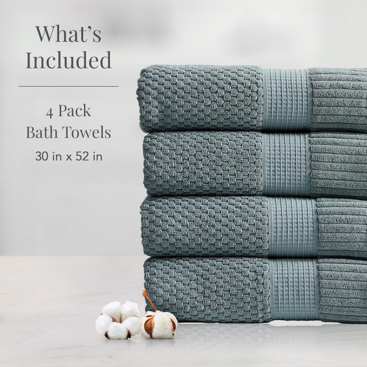 NY Loft 100% Cotton Bath Towel 4 Pack | Super Soft & Absorbent Quick-Dry Bath Towels 30" x 52" | Textured and Durable Cotton | Premium Thick Towels | 4 Pack Bath Towel - Stormy Sea