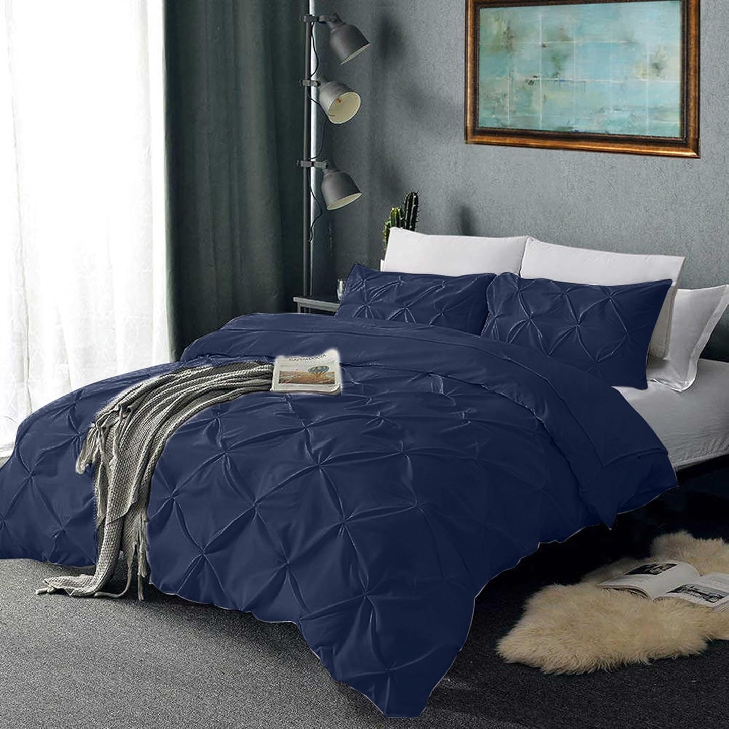 Pinch Pleated Duvet Cover Set 100% Cotton 3PC Super King Plus Size 120x120 Duvet Cover Set, Decorative Pinch Design Navy Blue Duvet Cover with Matching Pillow Case