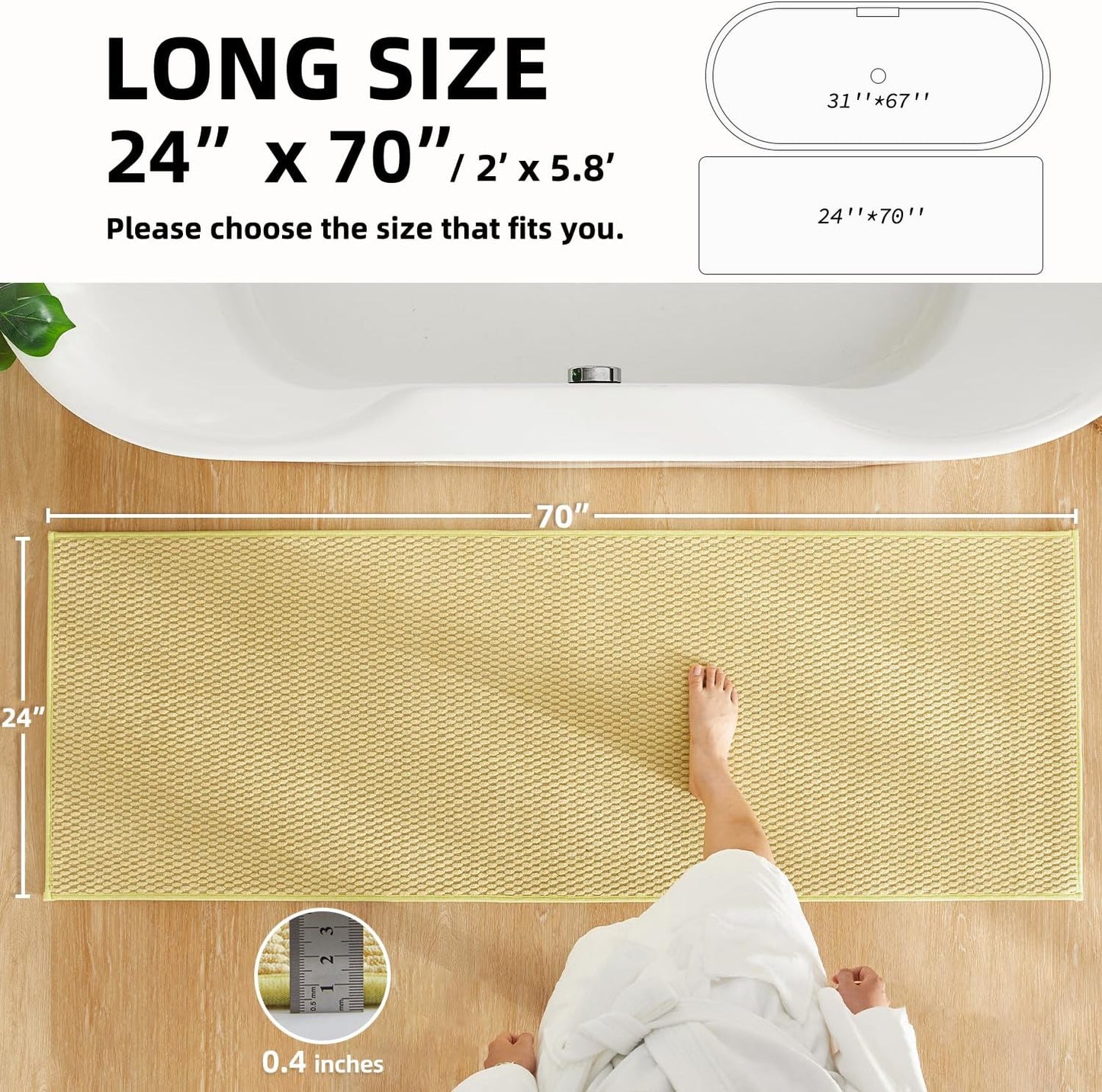 Bathroom Runner Rugs, Long Bath Mat Runner Washable Thin Quick Dry Low Pile Bathroom Runner Rugs Non Slip, Yellow 24"x70"