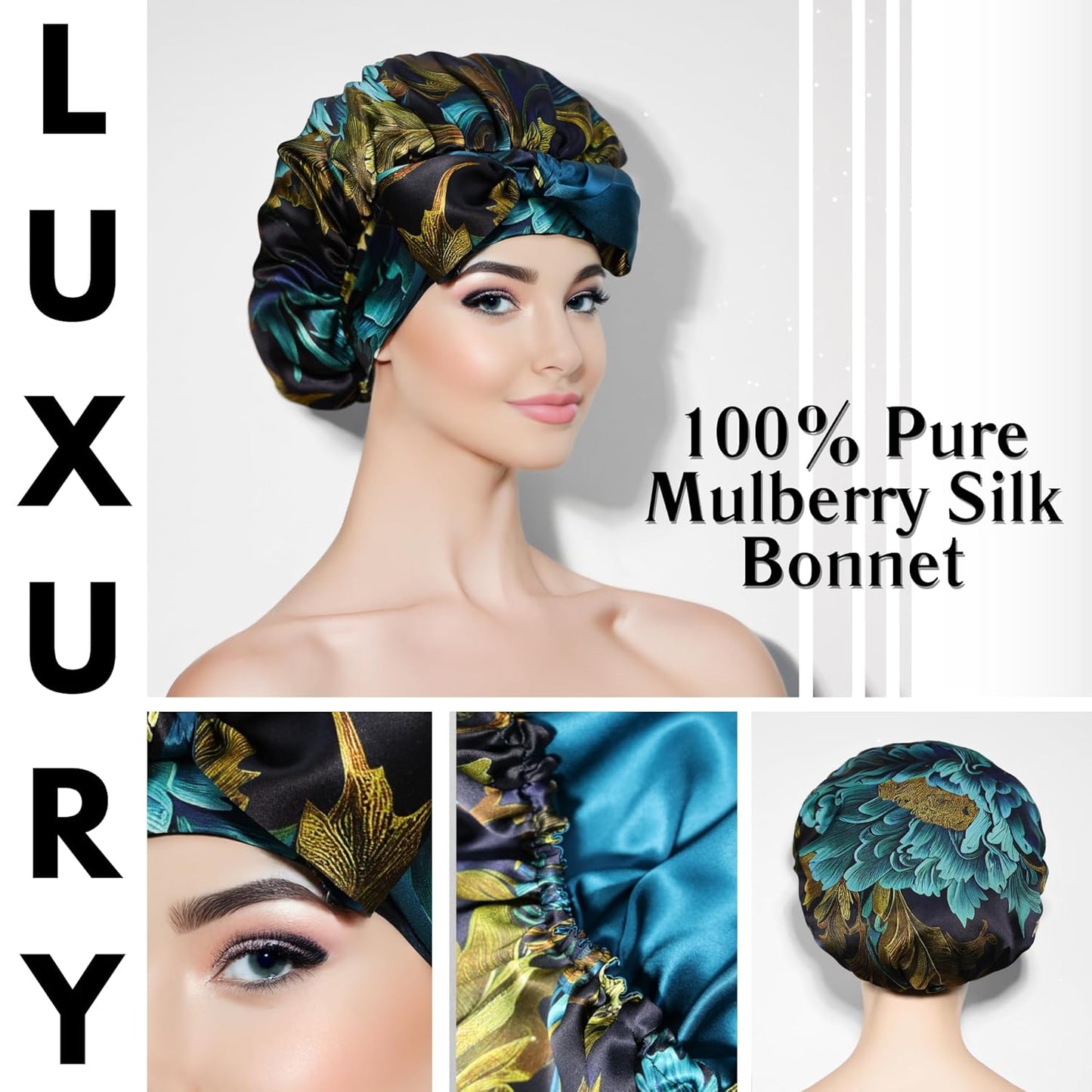 100% Mulberry Silk Bonnet for Sleeping Women, Handmade in USA 19 Momme Double Layer Reversible Silk Hair Wrap with Adjustable Ties, Non-Slip Sleep Cap for Curly & Natural Hair