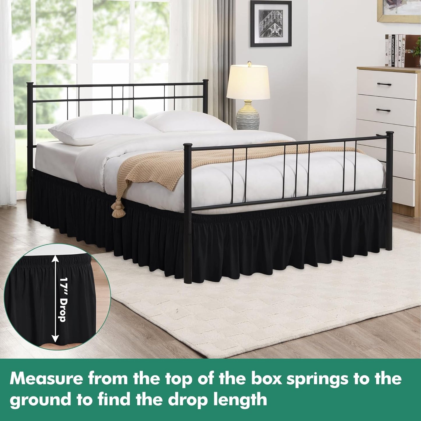 Biscaynebay Wrap Around Bed Skirts with Split Corners for Queen Beds 17" Drop, Black Elastic Dust Ruffles Adjustable Easy Fit Wrinkle & Fade Resistant Silky Luxurious Fabric Machine Washable