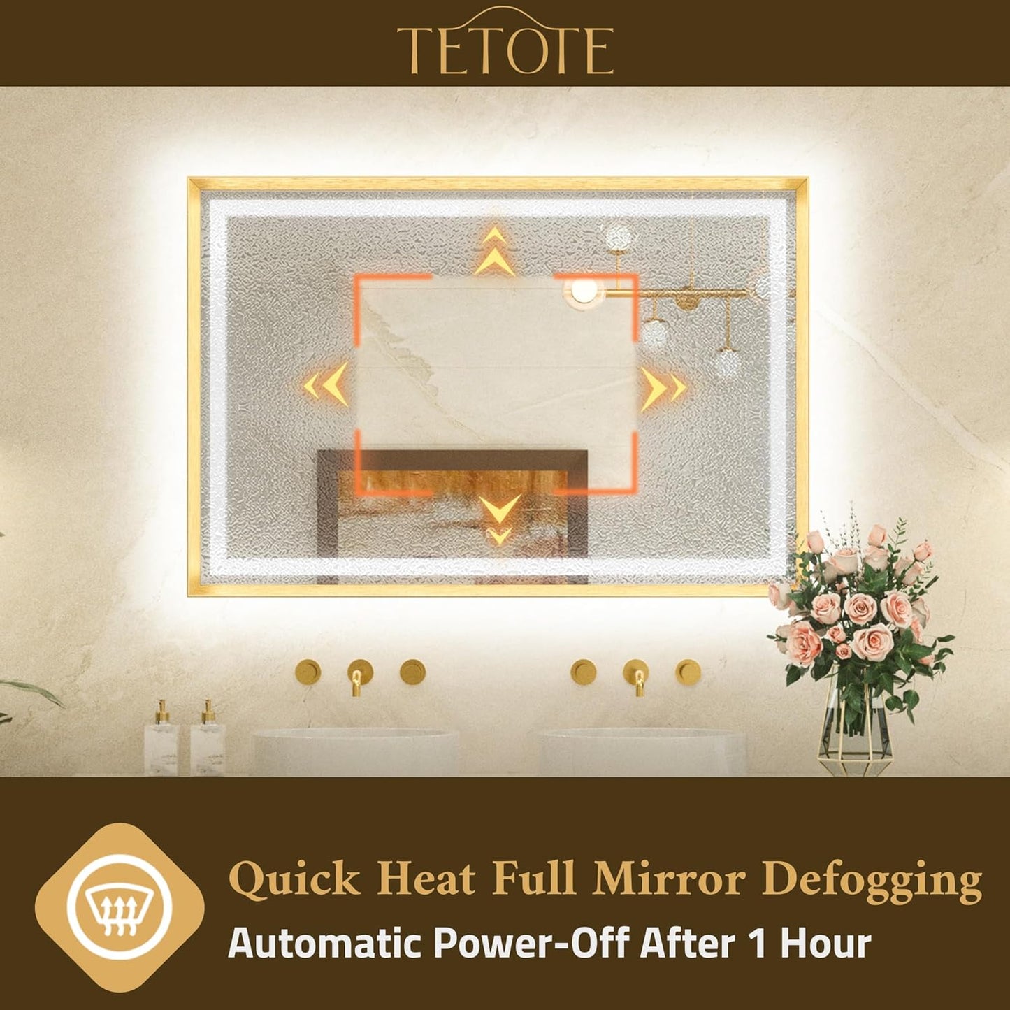 TETOTE 20 x 28 Bathroom LED Mirror Brushed Gold Metal Frame Frontlit & Backlit Vanity Mirror Anti-Fog Stepless Dimmable 3 Colors White/Warm/Natural Vanity with Lights Wall-Mounted