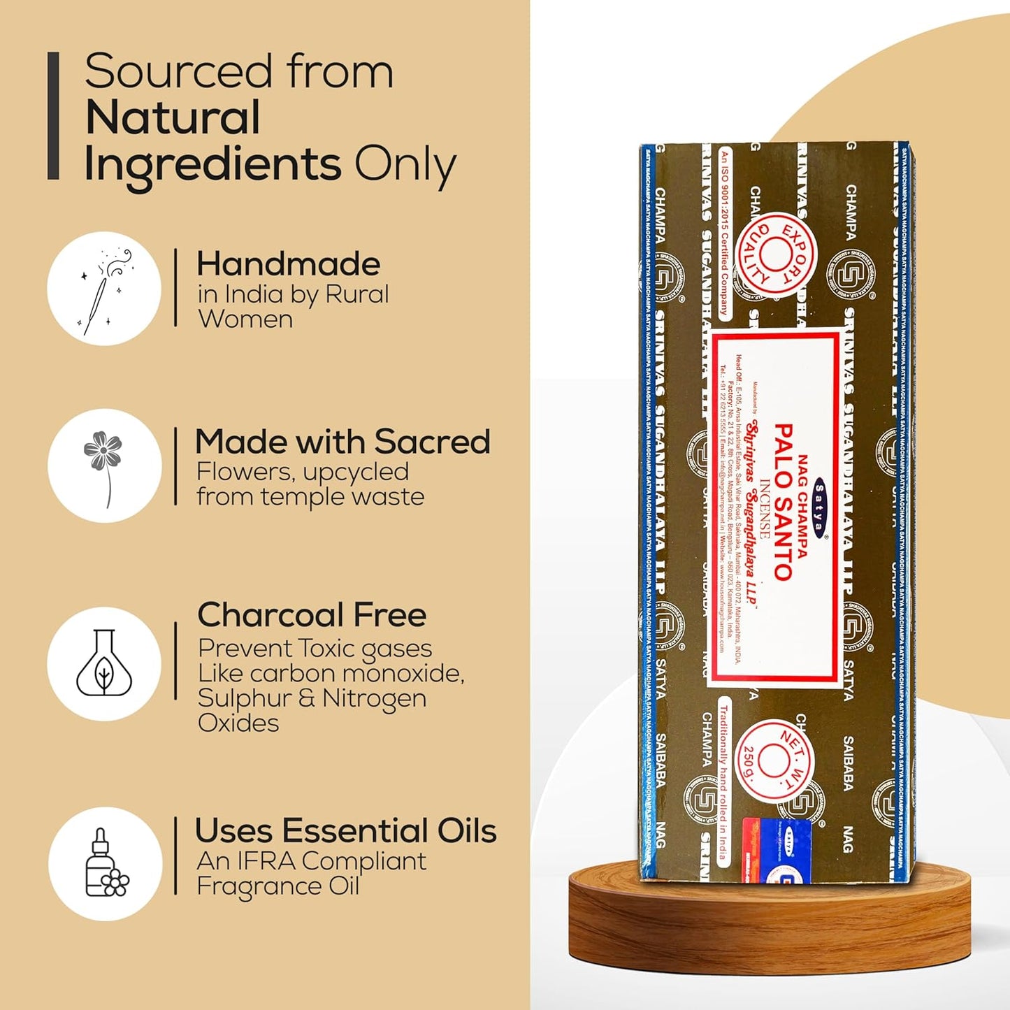 Satya Nag Champa Palo Santo Incense Sticks 250 gm Pack, Insenses with Raajsee Insence Holder Bundle, Nag Champa Natural Incense