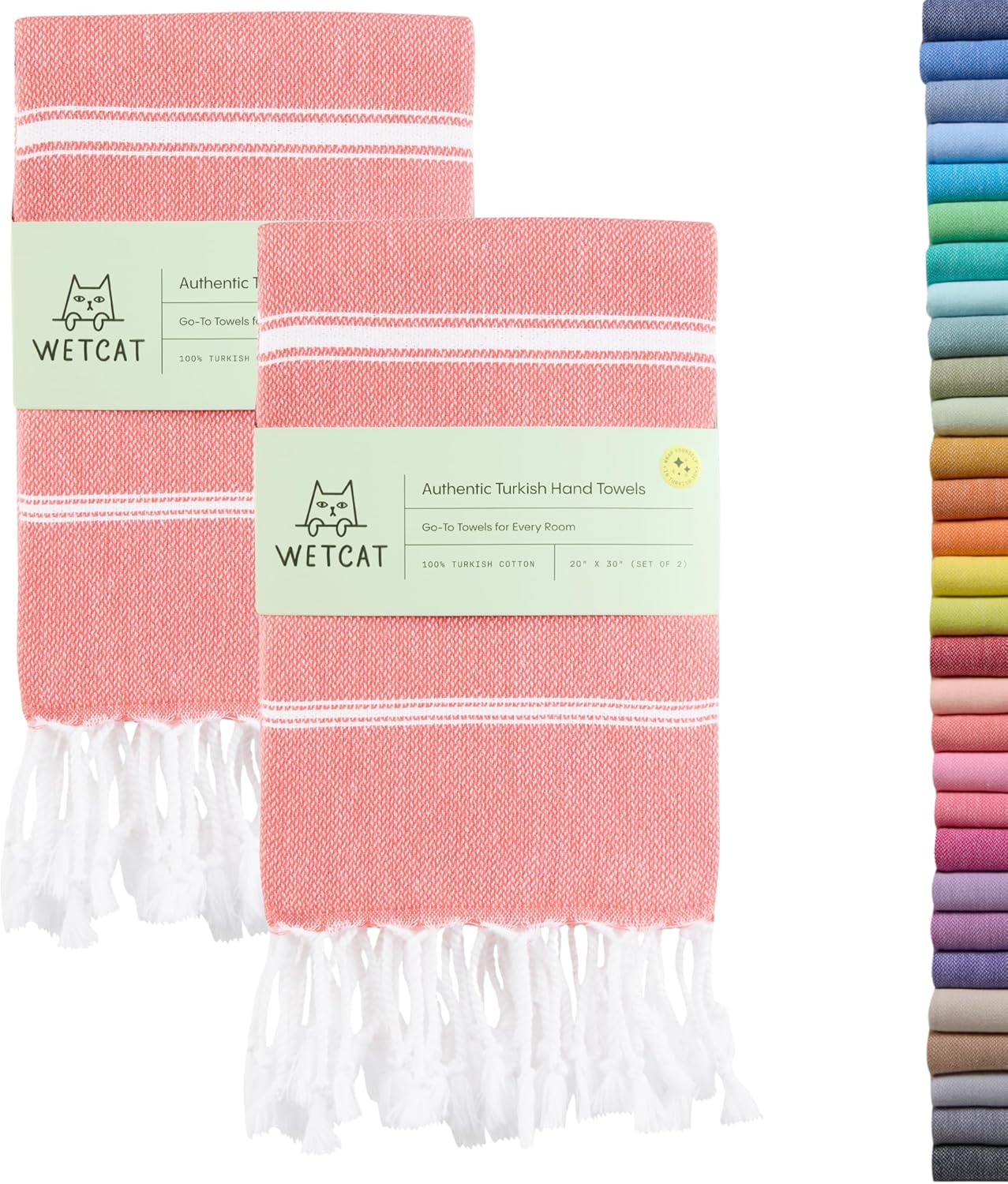 WETCAT Turkish Hand Towels with Hanging Loop, Set of 2 (20" x 30") 100% Turkish Cotton, Pre-Washed, Quick Drying, for Kitchen or Bathroom - Dark Coral