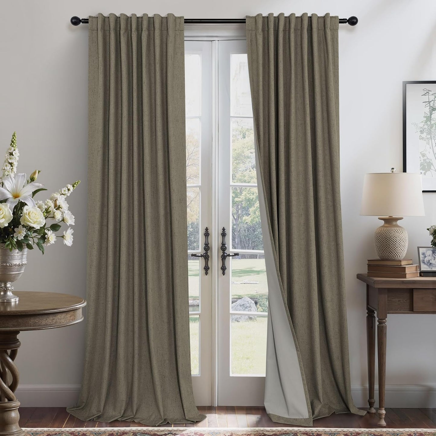 Brown Room Darkening Curtains 96 Inch Long for Living Room Dining Back Tab Linen Blackout Drapes Rustic Neutral Energy Efficient Black Out Window Curtain Panels for Bedroom Home Office Earth Cottage