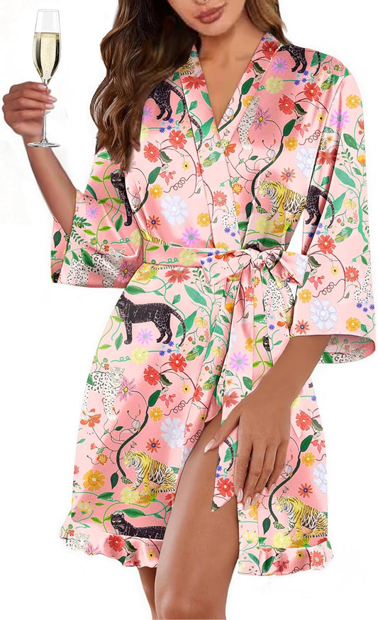 Ekouaer Women's Satin Robes Silk Kimono Bath Robe Short Ruffled Hem Bride Bridesmaid Sleepwear with Pockets