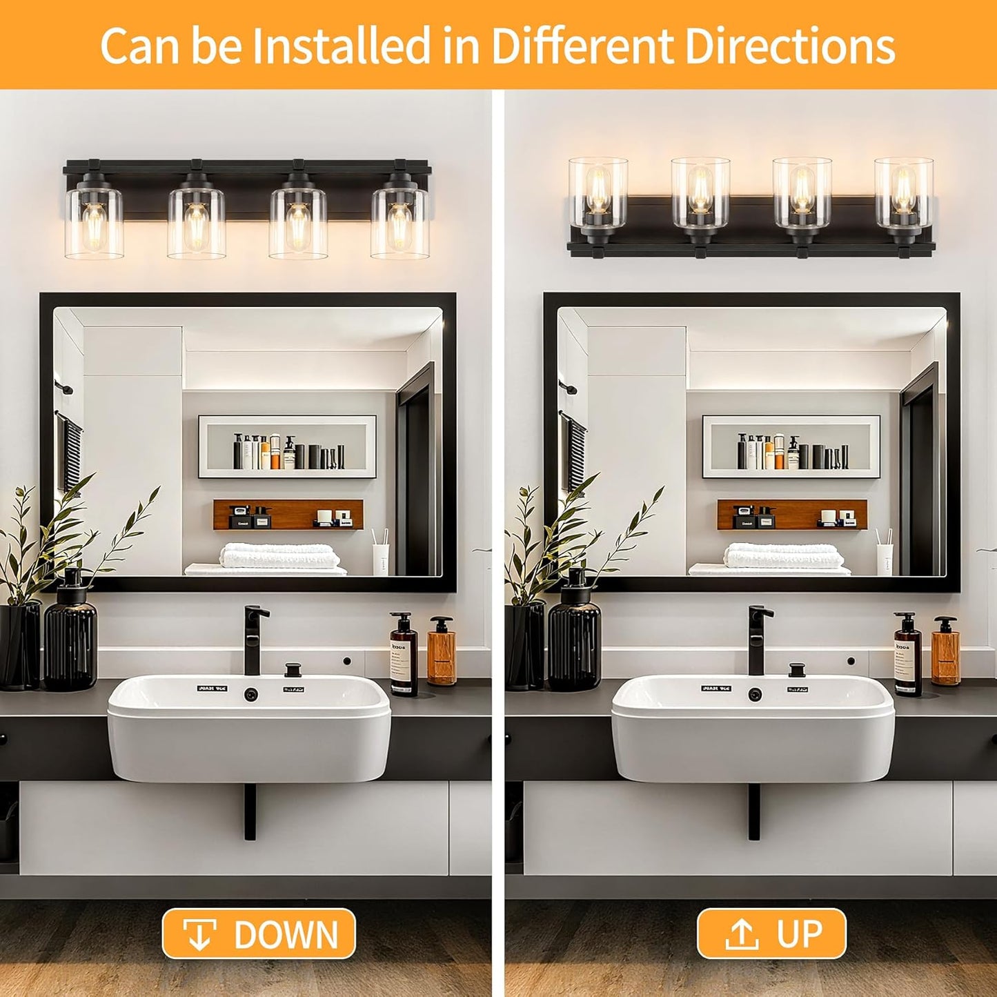 4 Light Modern Bathroom Light Fixtures Over Mirror, Black Vanity Lights for Bathroom Wall Sconces with Clear Glass Shades, E26 Socket (Bulbs Not Included)