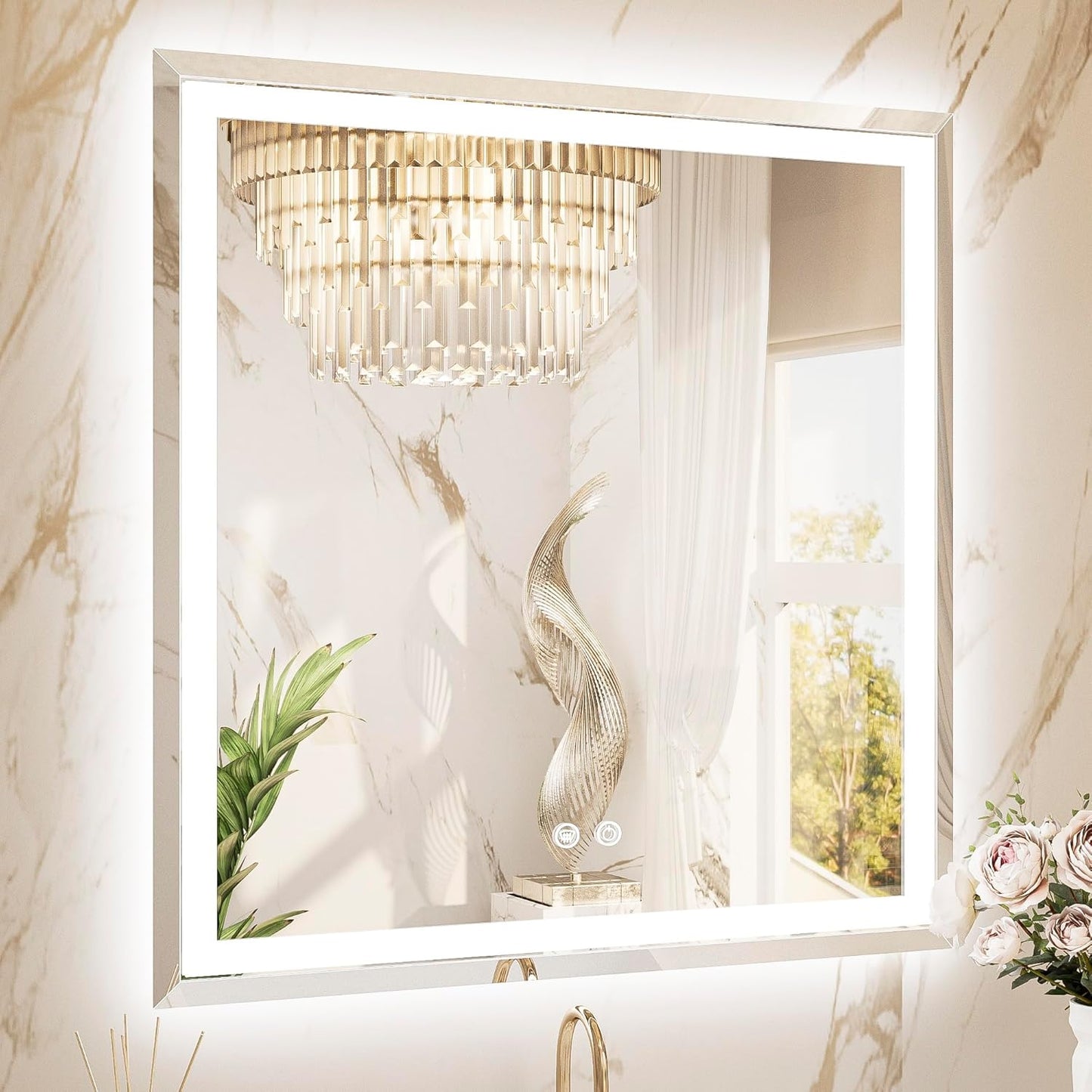 TETOTE Led Bathroom Mirror 36 x 36 Inch, Beveled Lighted Bathroom Vanity Frameless Mirror with Extra-Bright Lights, Frontlit & Backlit, Defogging, 3-Color Dimmable, Tempered Glass, Waterproof