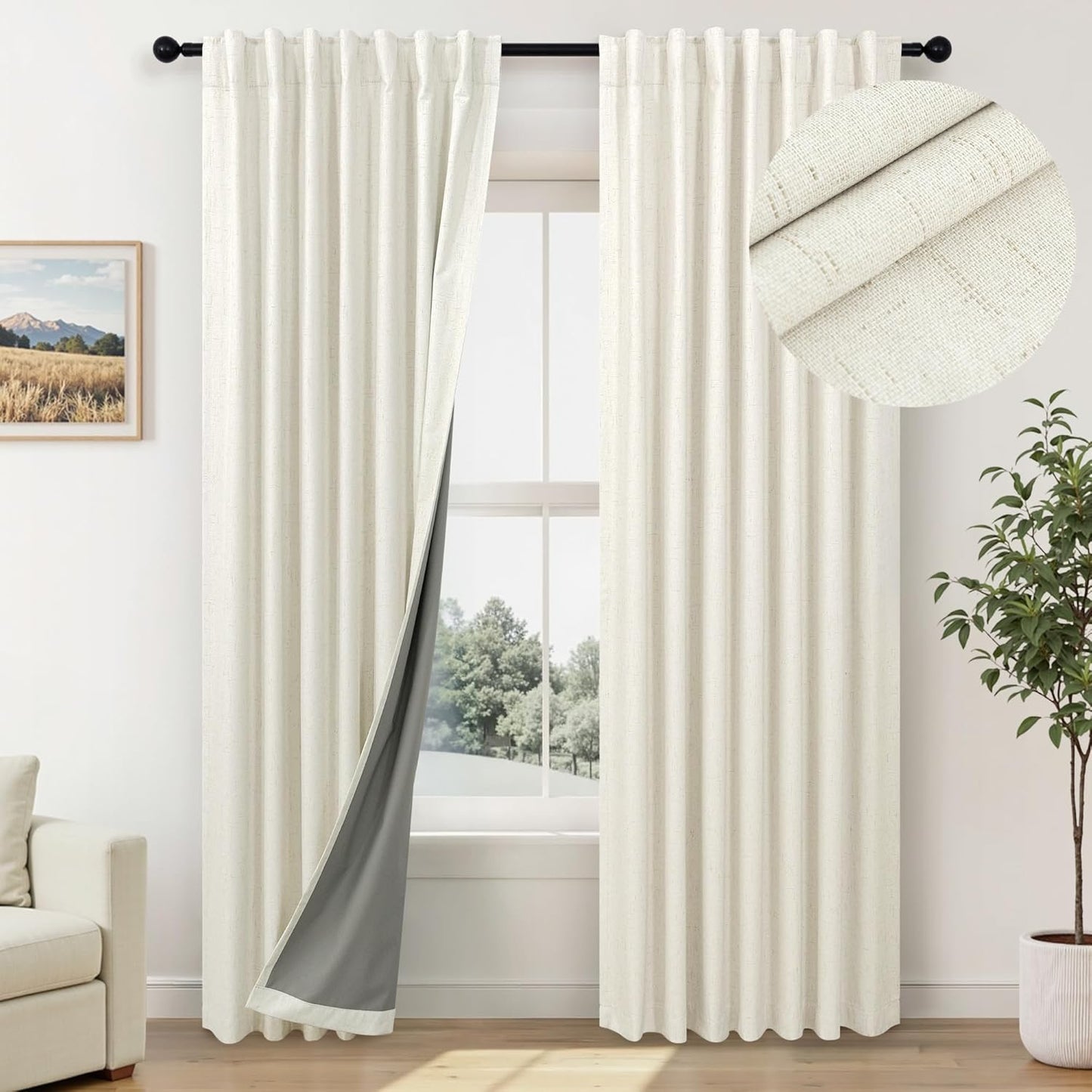Pitalk 72 Inch Curtains for Living Room Black Out Linen Back Tab Loops Room Darkening Blackout Thermal Insulated Curtain for Bedroom 72 Inch Length 2 Panels Set Cream Ivory Off White Wide 38 x 72 Long