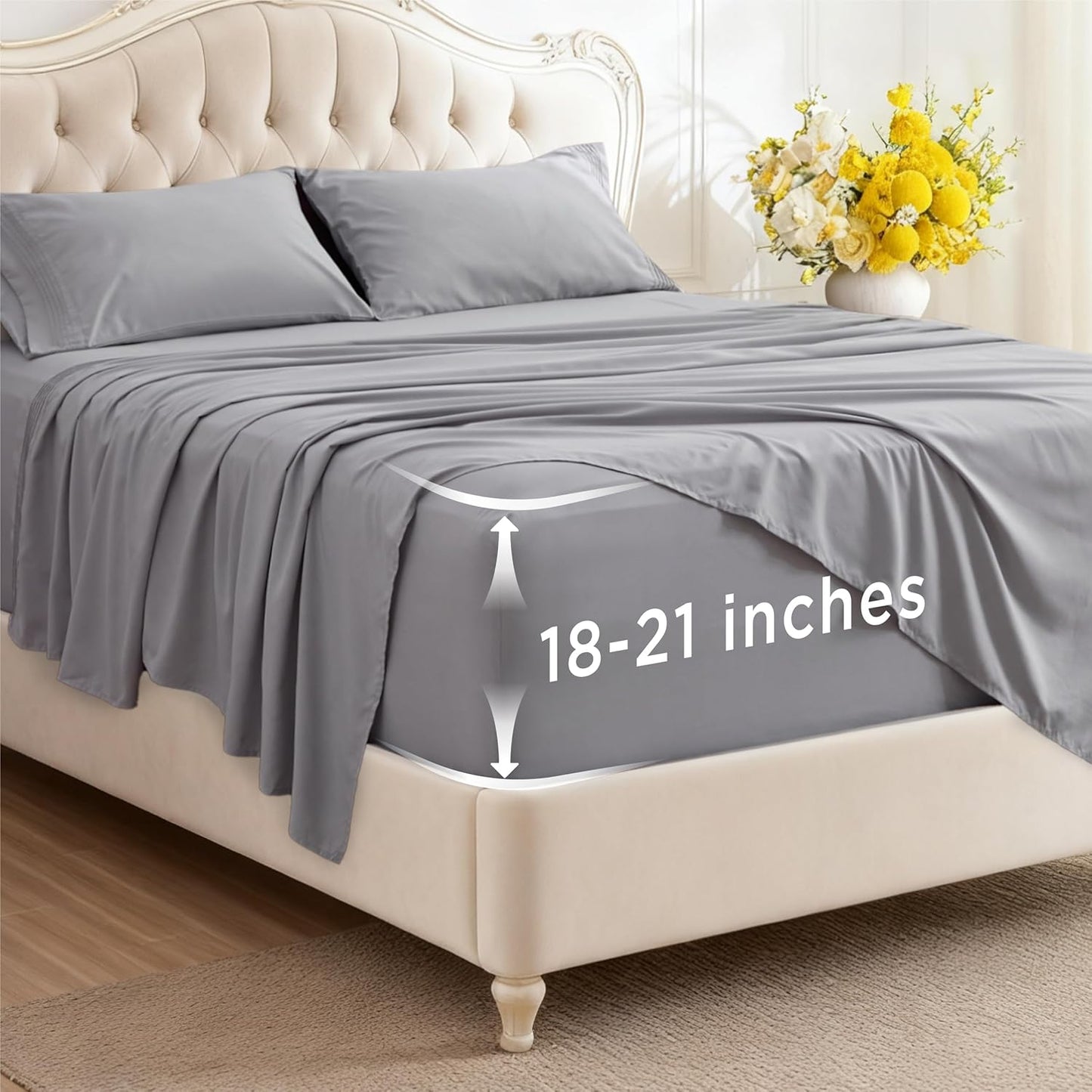 Bedsure Deep Pocket King Sheet Set - Fits Mattresses Up to 21 Inches Thick - 4 Piece GentleSoft Bed Sheets, Moisture Wicking, Soft & Cooling Bedsheet & Pillowcases, Easy & Secure Fit, Light Grey