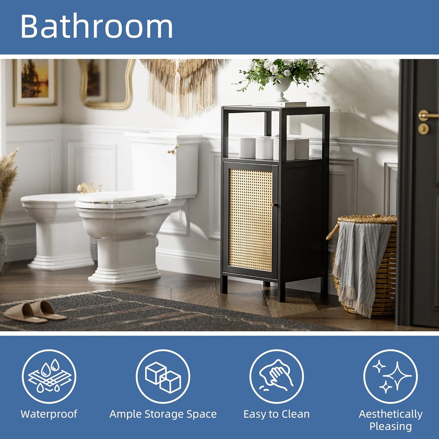 HITNET Bamboo Floor Cabinet, Small Bathroom Storage Cabinet with Single Rattan Door, Narrow Side Storage Organizer Unit Freestanding Space Saving Kitchen Cupboard, Black