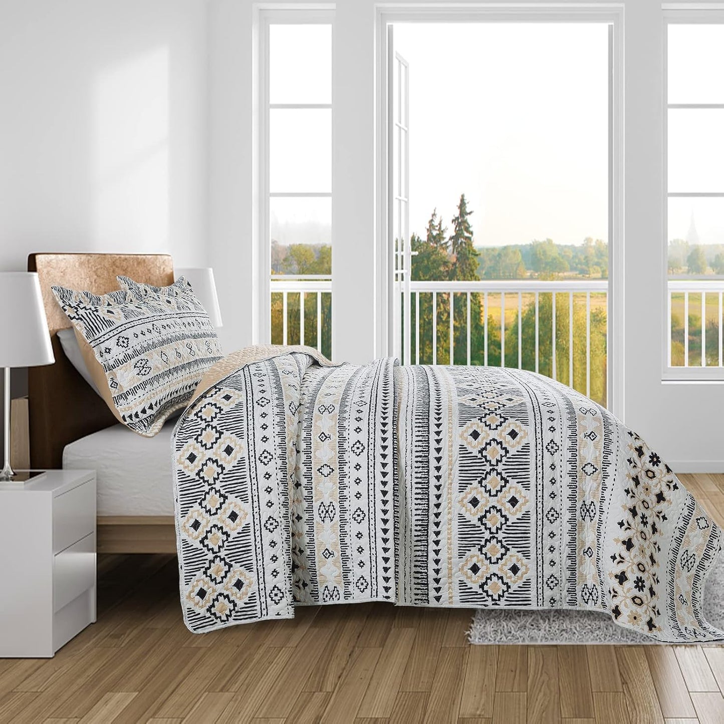 BEDIFANY Boho Quilt King Size Set, Lightweight Bedspread King Size Stripe Boho King Quilt, Quilt Bedding Set for Bed Decoration, All-Season Coverlet Set, 3 Pieces
