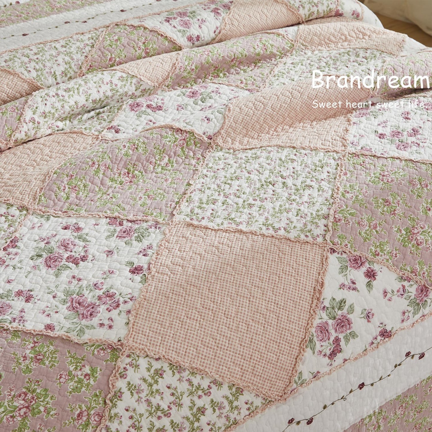 Brandream Queen Size Quilt Set Cotton Patchwork Quilts Blush Pink Country Floral Bedding Patchwork Quilted Comforter Set 3-Piece