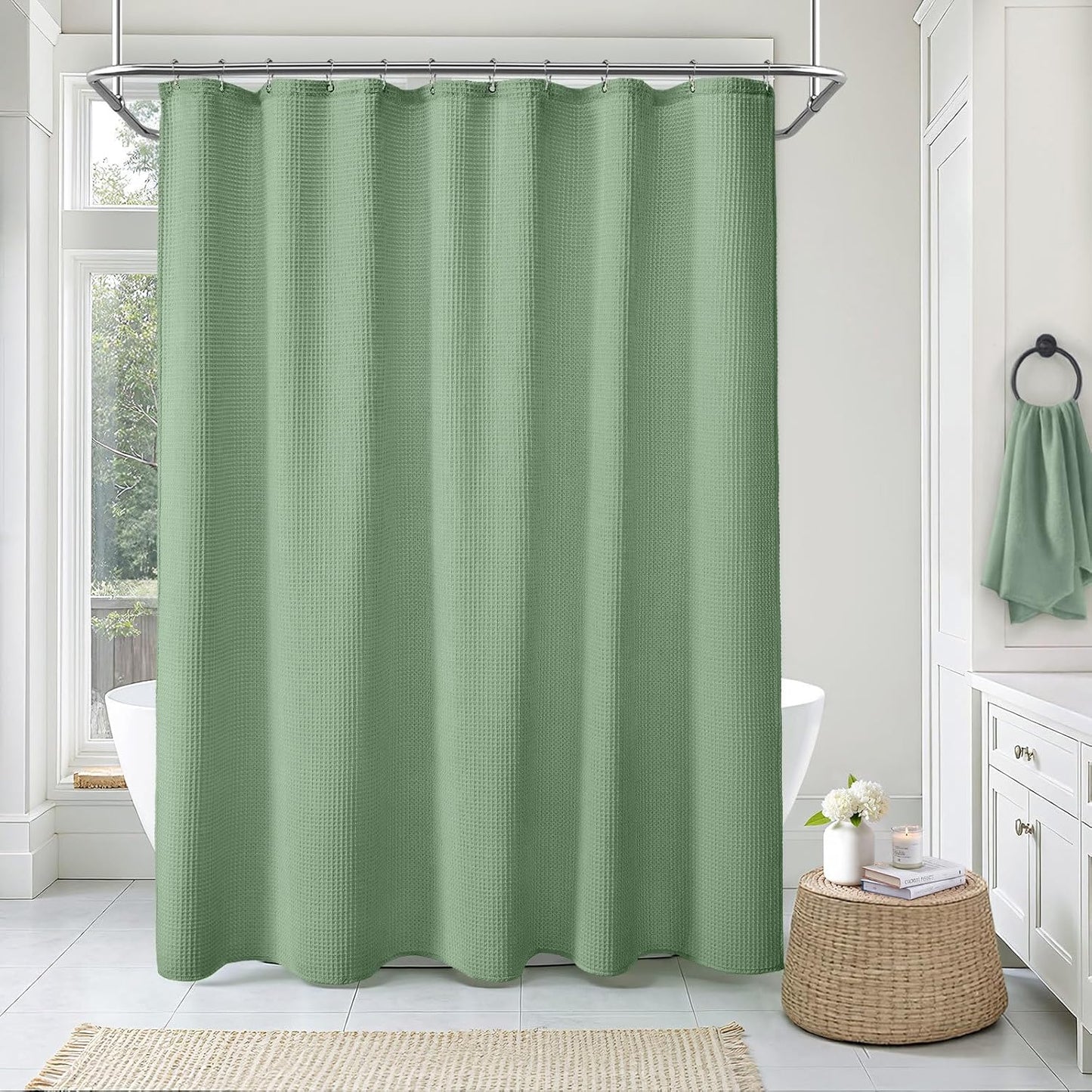 Waffle Weave Shower Curtain - Sage Green Cotton Fabric Texture Heavyweight Shower Curtain for Bathroom,Washable,72Wx75L