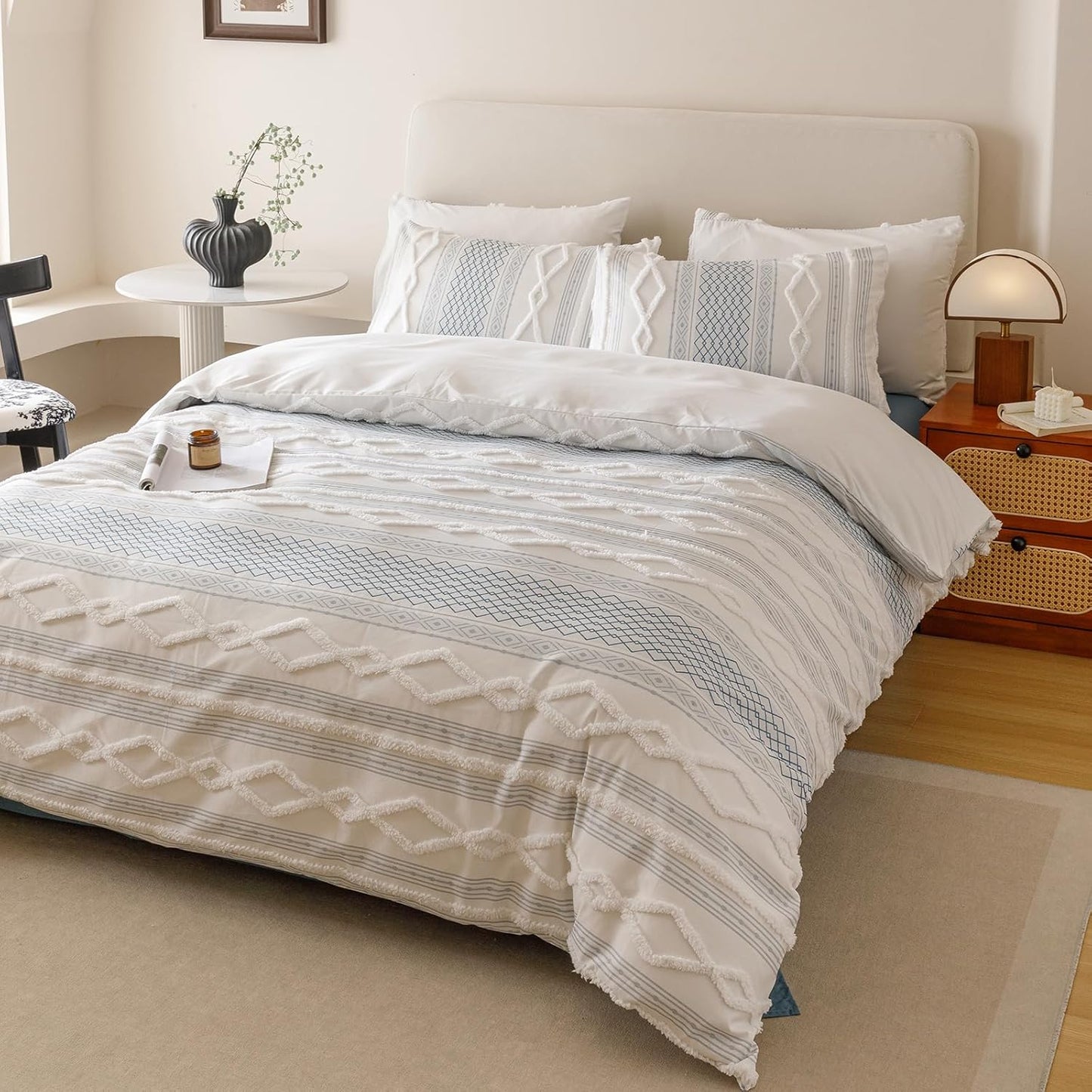 KAREVER Ivory Blue Boho Comforter Set Twin Mixed Textures Jacquard Bedding Set Durable Chic and Stylish Bedroom Set