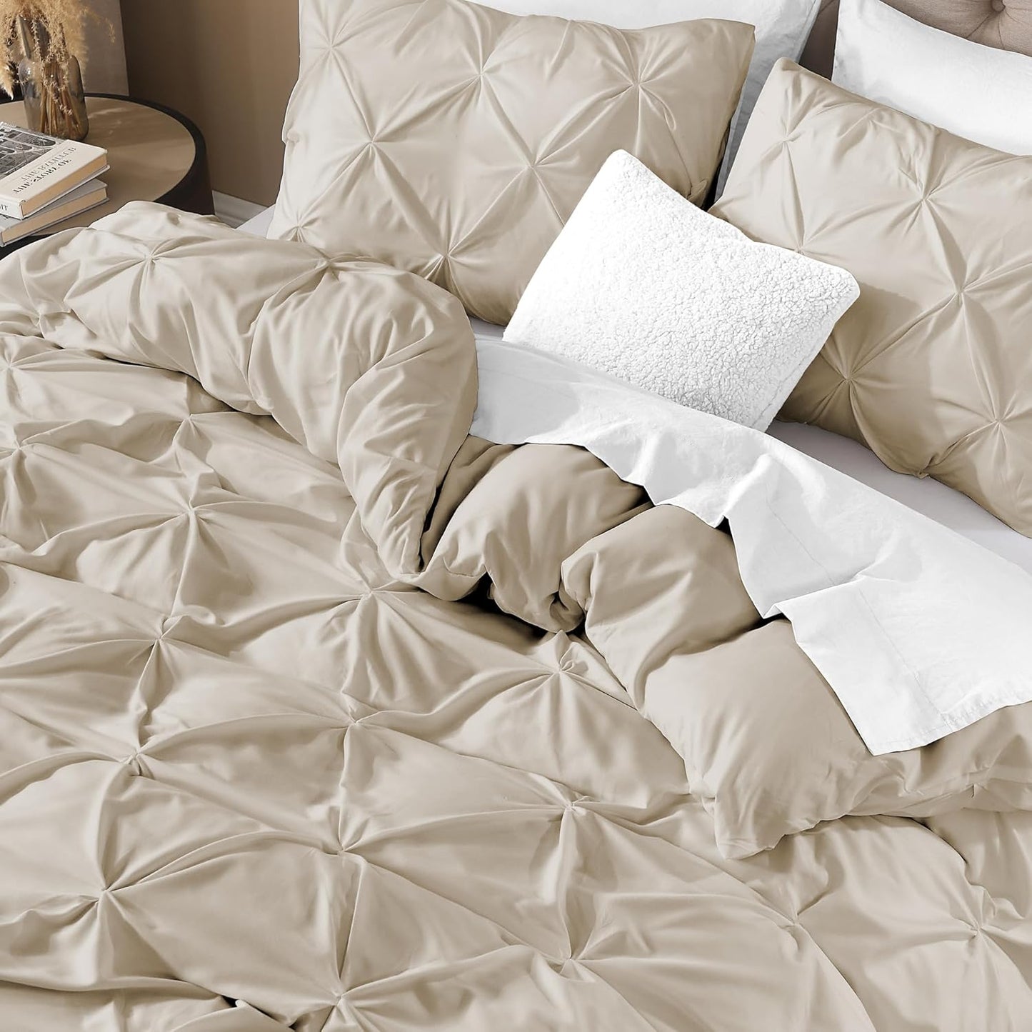 Litanika Oatmeal Oversized Queen Pinch Pleat Duvet Cover, 3 Pieces Pintuck Cover Soft Microfiber Bedding Set with Zipper Closure & Corner Ties(1 Duvet Cover, 2 Pillowcases)