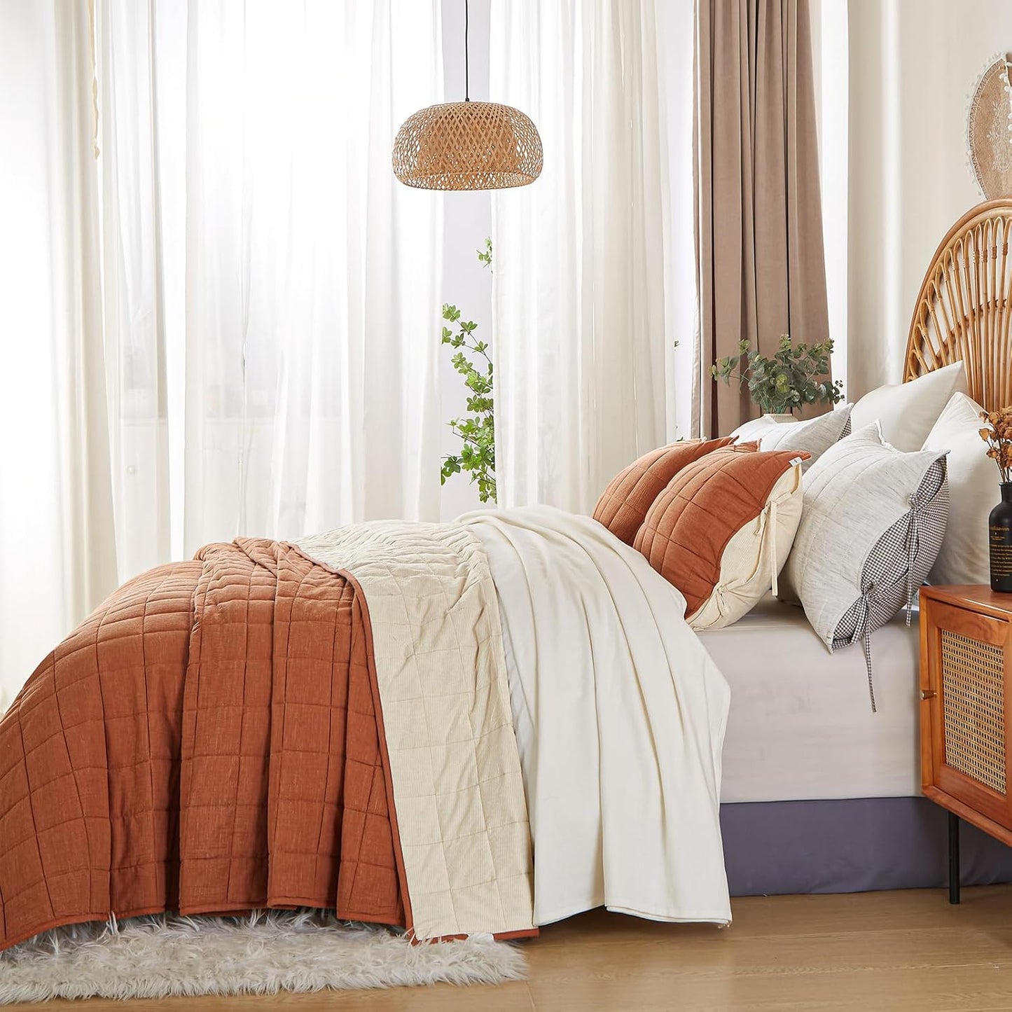 Cotton Quilt Bed Spreads, 3-Pieces Bedding Set with Coverlet Light Weight Quilt Blanket with 2 Pillow Shams (Burnt Orange, Queen)