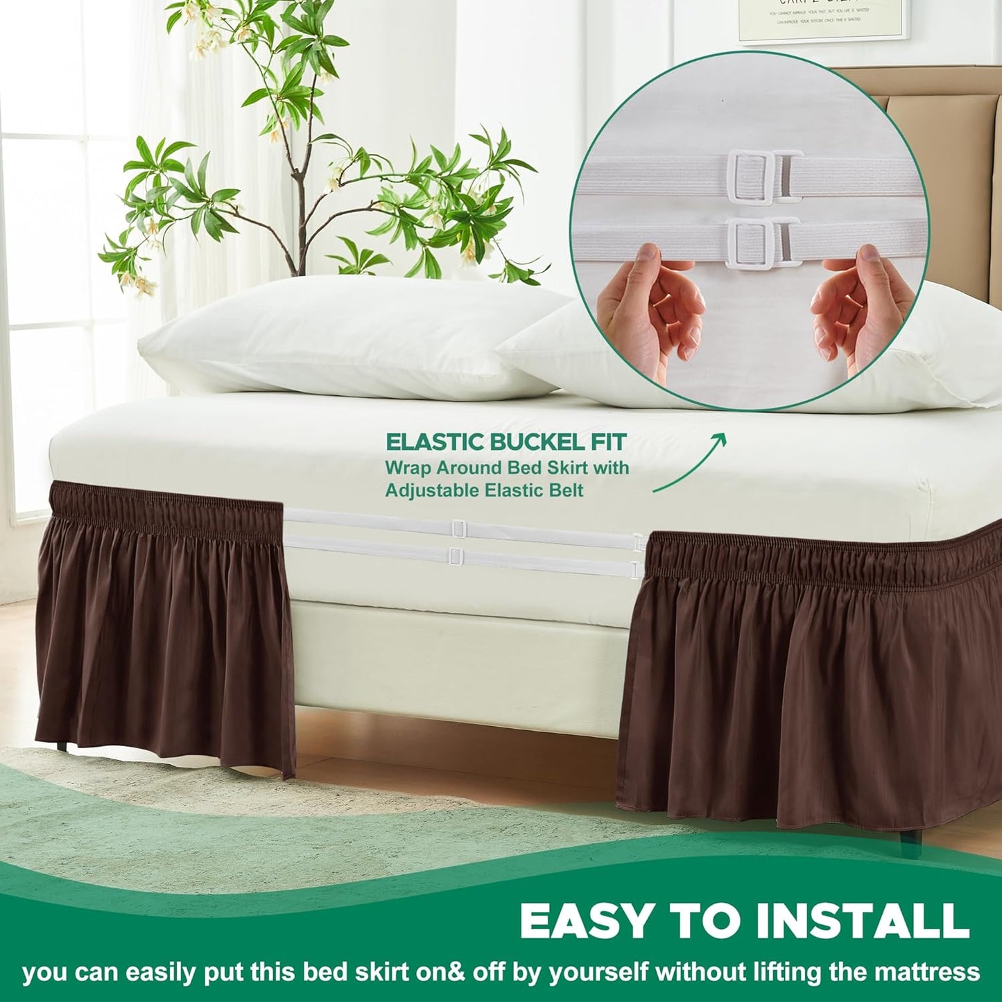 Biscaynebay Wrap Around Bed Skirts for Queen Beds 14" Drop, Brown Adjustable Elastic Dust Ruffles Easy Fit Wrinkle & Fade Resistant Silky Luxurious Fabric Solid Machine Washable