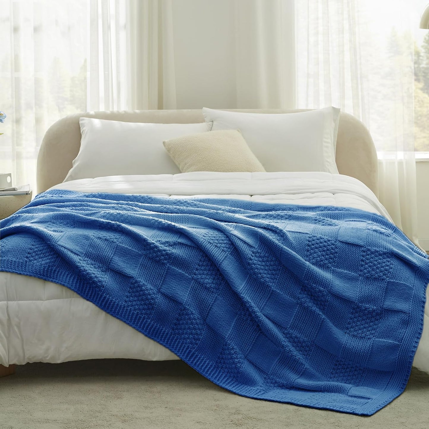 Amélie Home Checkered Chenille Knit Throw Blanket for Couch, Classic Texture Decorative Soft Blanket for Sofa, Chair & Bedroom, 50"x60", Blue