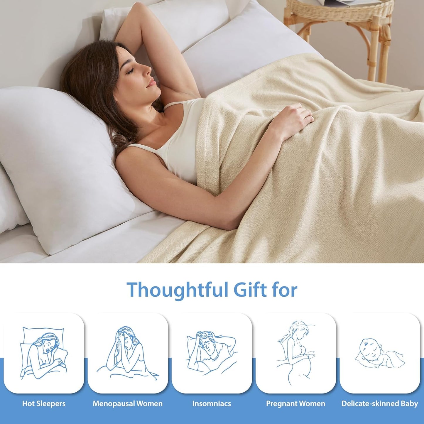 Twin Size Blanket, 70% Rayon (Derived from Bamboo) and 30% Cotton, Lightweight Jacquard Weave, Breathable and Soft Summer Blanket for Bed or Couch, 66” x 90”, Ivory