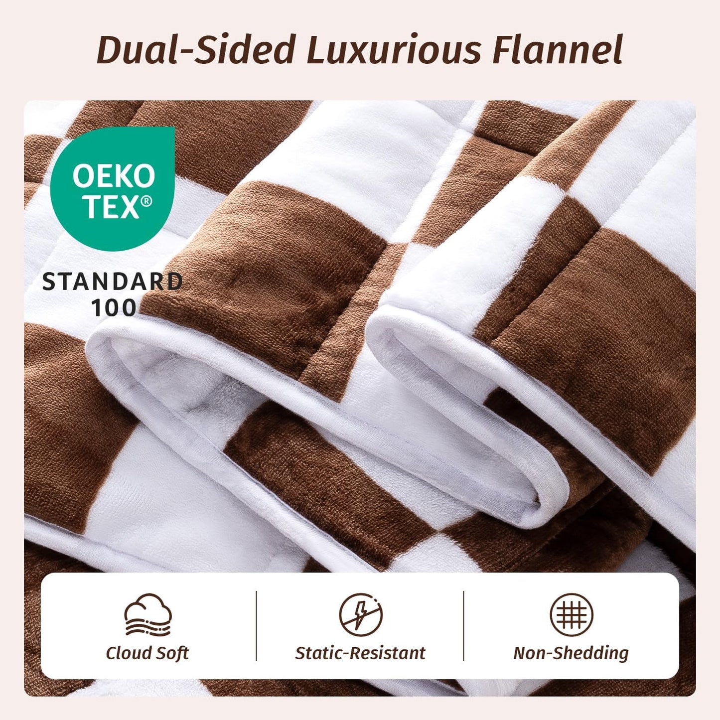 Wemore Flannel Fleece Weighted Blanket for Adult Twin Size 15 lbs, Dual Sided Luxurious Checkerboard Grid Heavy Blankets, Ultra Soft Throw Blanket, Plaid Khaki, 48 x 72 inches
