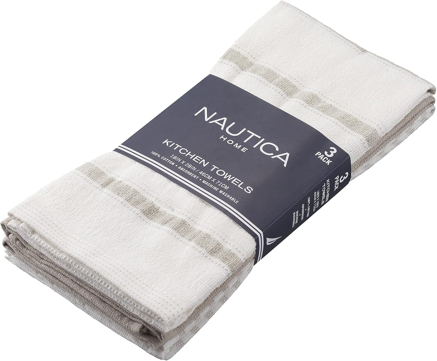 Nautica 100% Cotton Kitchen Towels | Super Absorbent Reusable Cleaning Cloths, Tea Towels, Hand Towels for Drying Dishes | Set of 3 | 18" X 28" | Neutral Stripe White