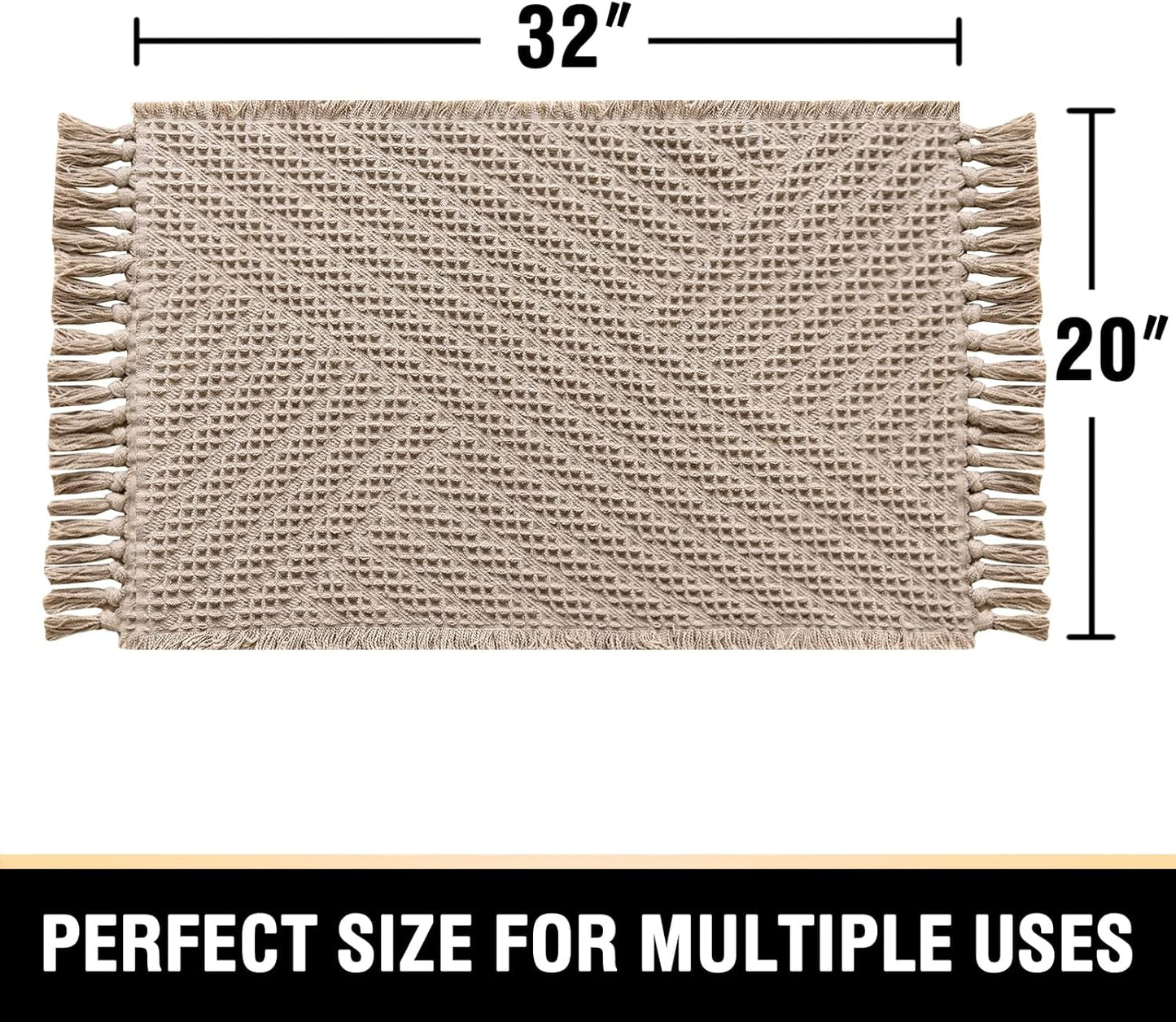 H.VERSAILTEX Waffle Bath Mat Super Absorbent Boho Bath Mat Non Slip Bath Rugs for Bathroom Floor Machine Washable Dry Fast Bathroom Rugs with Handmade Tassels, 20" x 32", Irish Cream