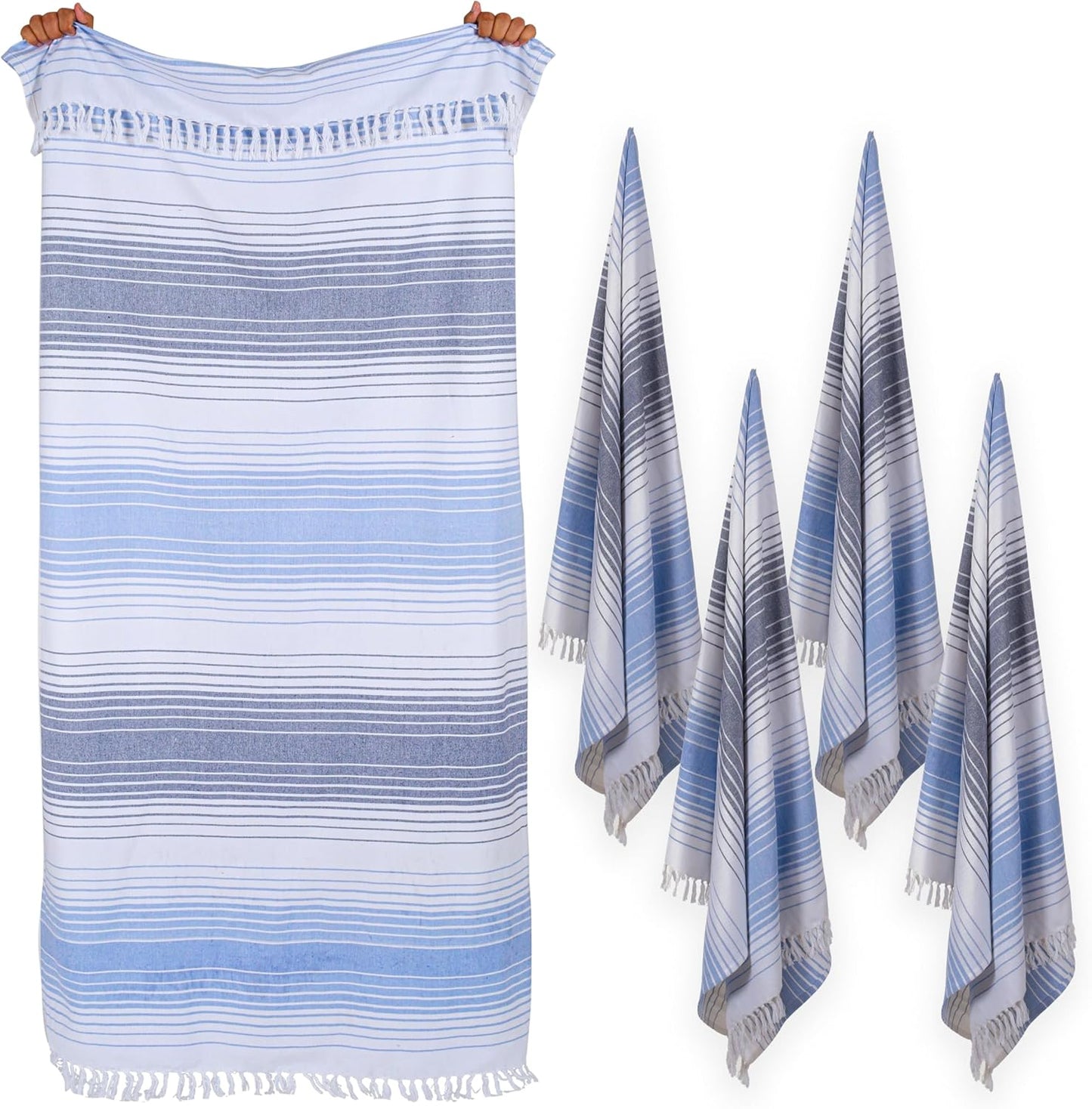 Native Fab Oversized Beach Towel, 4 Pack, 40x71 inches 100% Cotton Turkish Peshtemal for Adults,Soft & Absorbent, Extra Large Beach Towel for Hammam Spa Beach Blanket Bath, Cabana Strips, Navy Blue