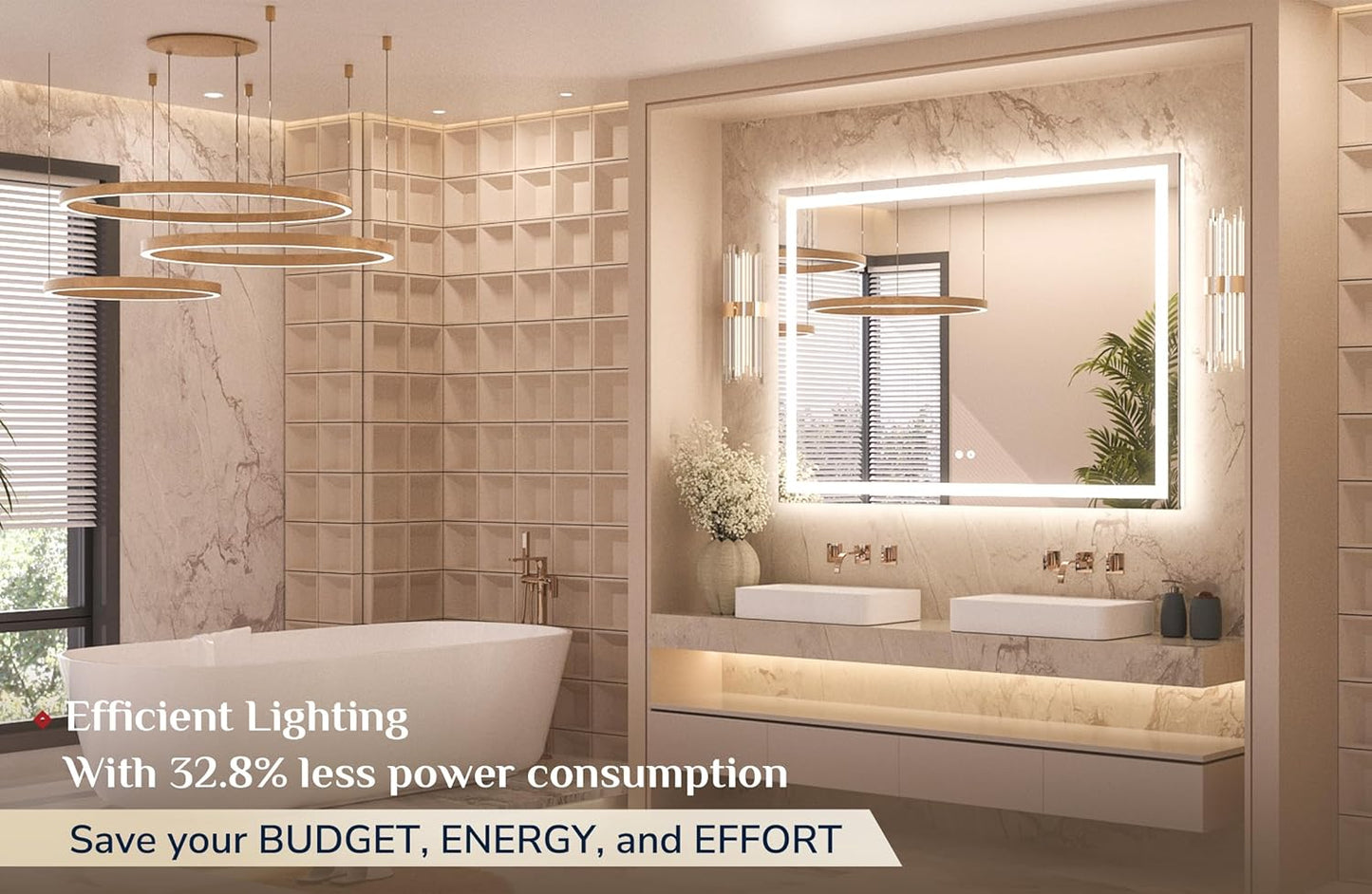 Keonjinn 48" x 36" Lighted Mirror for Bathroom Wall, LED Mirror with Frontlit & Backlit, Bathroom Mirror with Lights, Dimmable 3-Color Lights, HD Tempered Glass, UL-Listed LED Driver