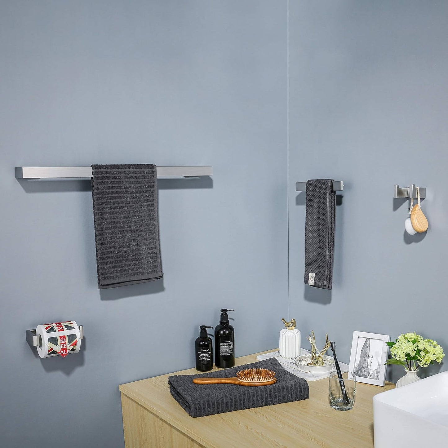 TNOMS 4 Pieces Bathroom Hardware Accessories Set Towel Bar Towel Holder Robe Hook Toilet Paper Holder Stainless Steel,Q8-P4BR