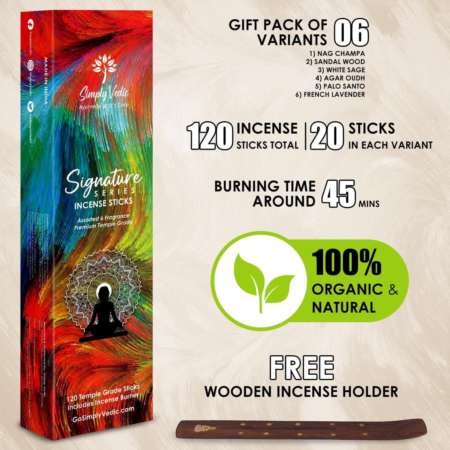 Simply Vedic Signature Incense Sticks Gift Set | 120 Natural Hand-Rolled Non-Toxic Agarbatti with Holder | Sandalwood, Nag Champa, Oudh, Palo Santo, Lavender, Sag | Aromatherapy Meditation Pooja Home