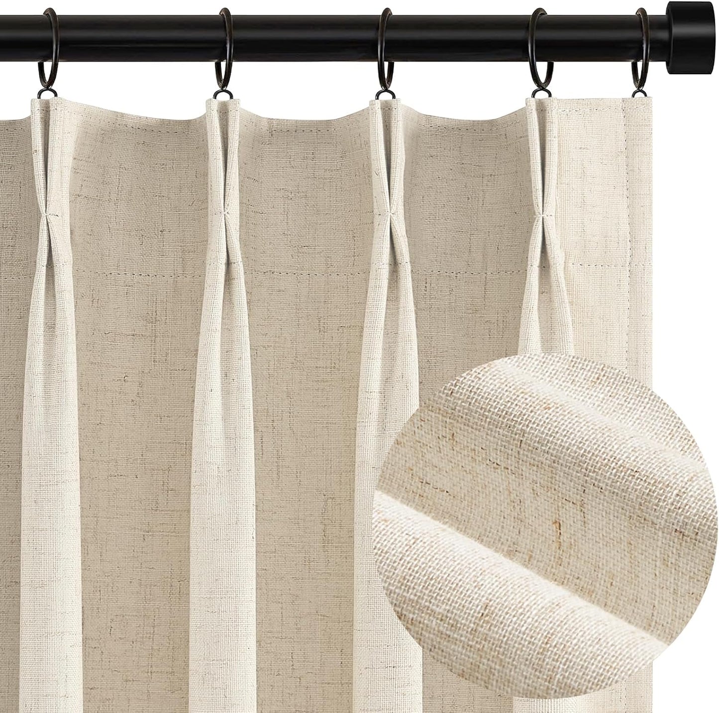 Topfinel 94 Inches Long Cream Colored Custom Blackout Linen Curtains, Beige Pinch Pleated Noise Cancelling Curtains with Pin Hooks for Traverse, Burlap Viral Drapes 2 Panels for Living Room Bedroom