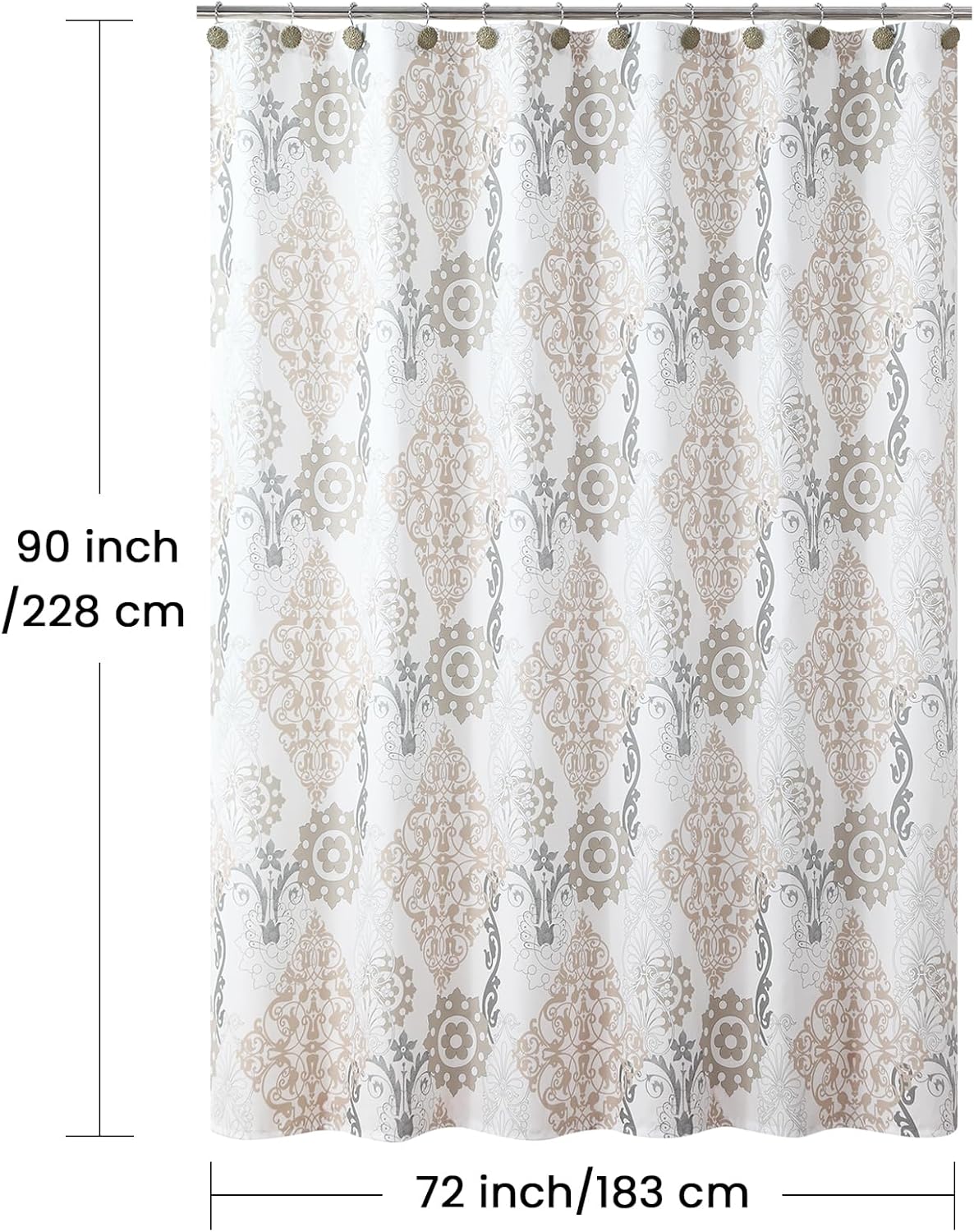 90 Inch Fabric Shower Curtain, Extra Long White and Beige Boho Damask Print Shower Curtains for Bathroom, 72" W x 90" H