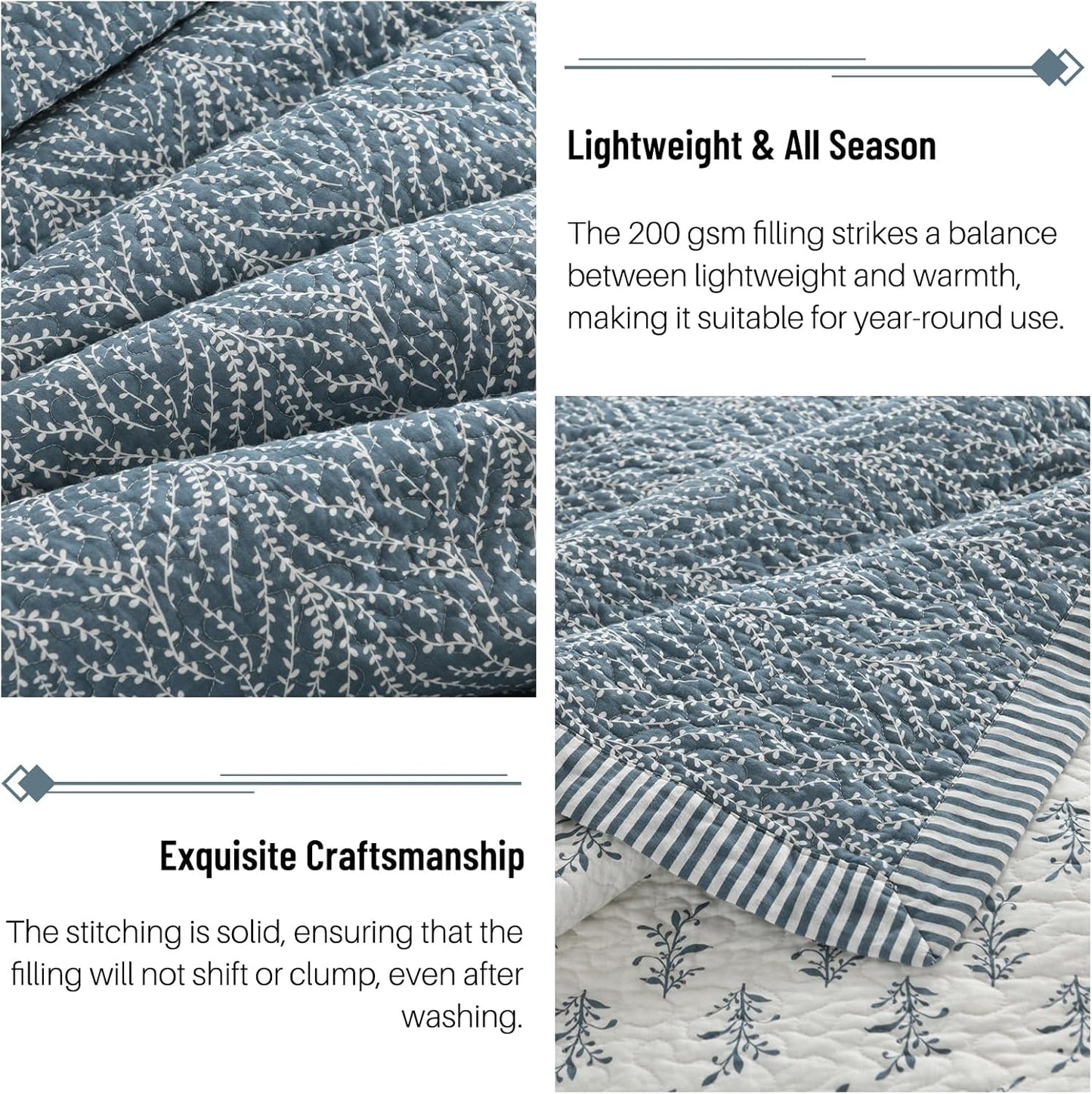 Quilt Set Queen Size - 100% Cotton Blue and White Quilt, Floral Reversible Bedspread Bedding Set, Lightweight Botanical Pattern Coverlet with 2 Pillow Shams, 3-Piece All Season, 90x98