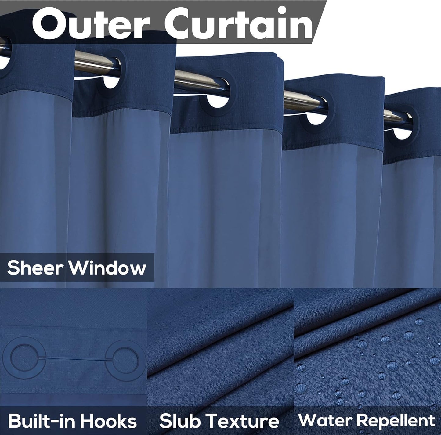 Extra Long No Hook Slub Textured Shower Curtain with Snap-in PEVA Liner Set - 71" x 86"(84"), Hotel Style with See Through Top Window, Navy Blue Fabric Curtain & Waterproof Liner, Navy Blue, 71x86