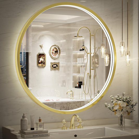 28" Round LED Bathroom Mirror, Dimmable Anti-Fog Vanity Mirror with Touch Control, 6000K Natural Light, Gold Metal Frame, Wall Mounted for Makeup Shaving (IP54, 90+ CRI)