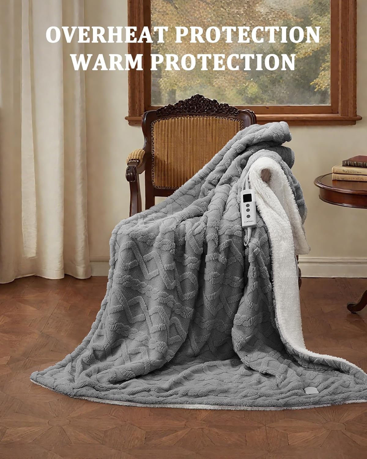 CAROMIO Heated Throw Blanket - Thick Tufted Sherpa Electric Blanket Throw with 10 Heating Levels and 10 Time Settings, ETL Certified Machine Washable Fast Heating Blanket Throw 50"×60", Grey