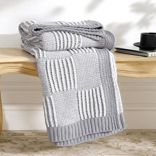 Amélie Home Checkered Knit Throw Blanket for Couch, Chenille Texture Decorative Soft Blanket for Sofa & Chair, 50"x60", Grey & White