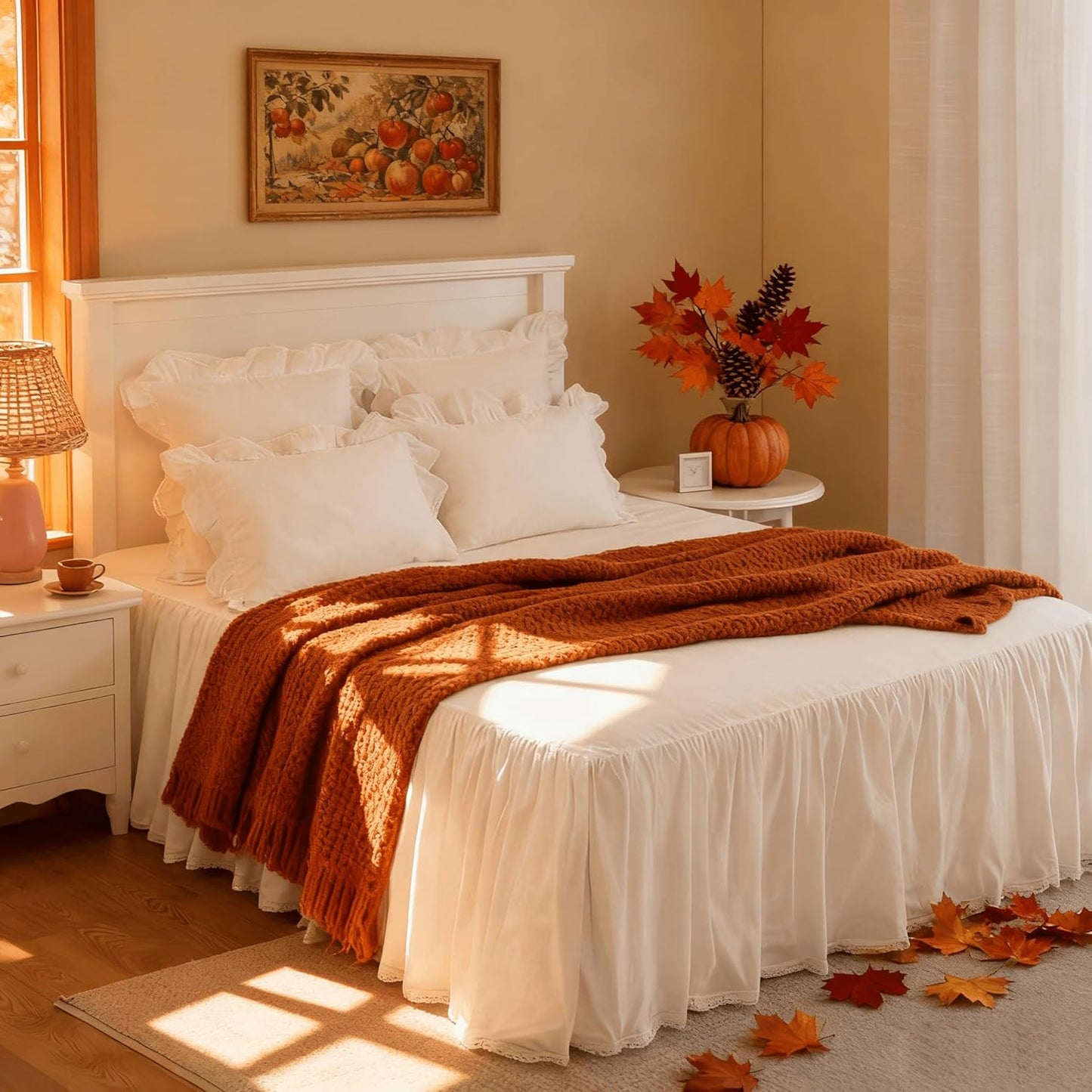 Queen Size 21" Drop - White Lightweight Cotton Bed Skirt with Crochet Edge - Dust Ruffle with Split Corner - Soft, Elegant, Breathable Bedding Accessory