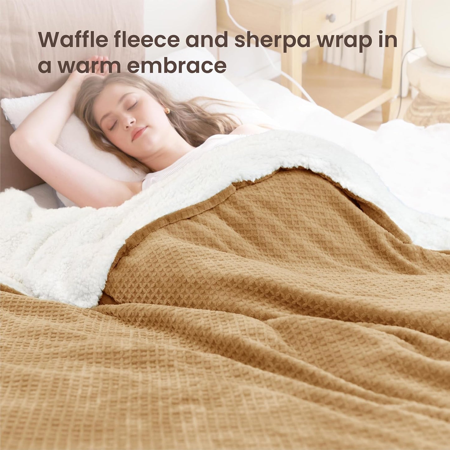 Heated Blanket Electric Blanket Full Waffle,72x84 Inches Sherpa Fleece Fast Heating Blanket 6 Heating Levels & 10 Hours Auto Off ETL Certification, Caramel Full