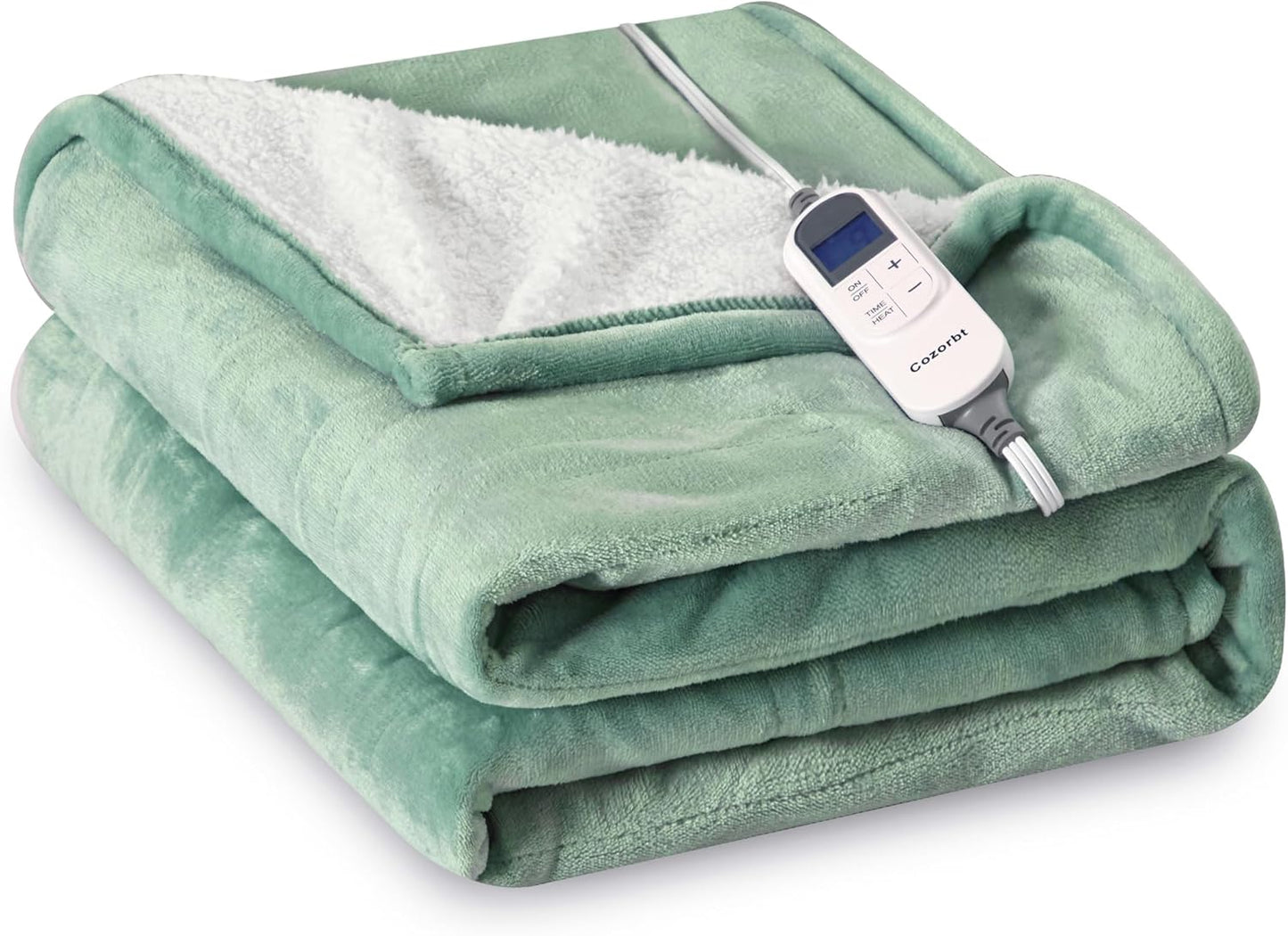 Heat Blanket 50”x60” Throw,Soft Flannel & Sherpa Reversible Electric Blanket with 10 Heat Settings,12 Timer Setting and 3 Hours Auto-Shut Off,ETL Certified Machine Washable,Green