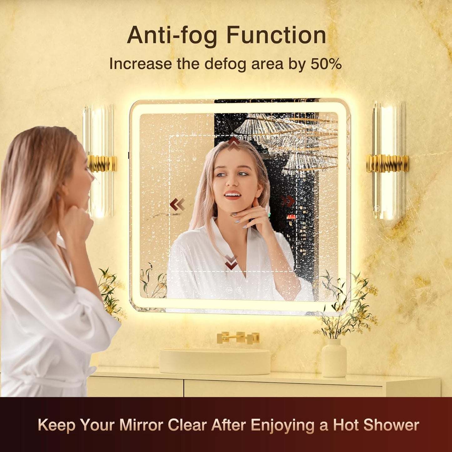 LED Bathroom Mirror 36"x 36" with Front and Backlight, Stepless Dimmable Wall Mirrors with Anti-Fog, 3 Colors, Smart Bathroom Vanity Mirror
