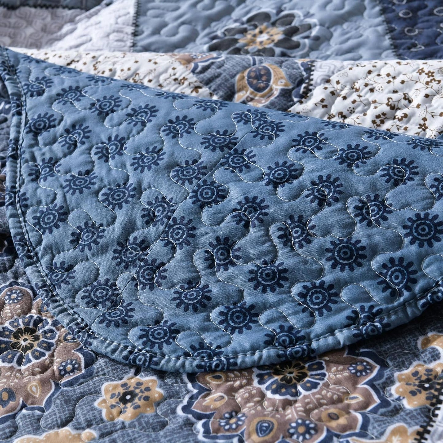 ENJOHOS Navy Blue Plaid Floral Quilt Set King Size 98"x106", 3 Pcs Boho Bedspread Coverlet Set for All Season, Patchwork Reversible Bedding Set King