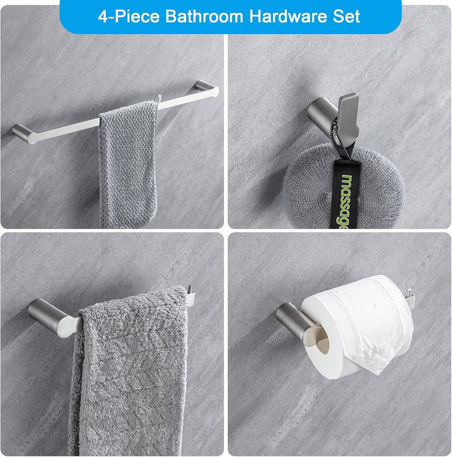 4-Pieces Bathroom Accessories Set, Towel Bar Set Modern Stainless Steel Towel Rack Towel Hooks Toilet Paper Holder for Bathroom Wall Mounted, Brushed Nickel 23 Inch