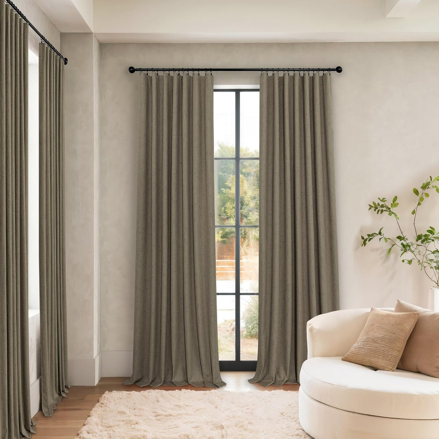 Linen Brown Curtains for Bedroom 84 Inch Long 2 Panel Burg 100% Blackout Back Tab Pleated Look Drape Light Blocking Thermal Insulated Burlap Farmhouse Black Out Curtain for Living Room 52x84 in Length