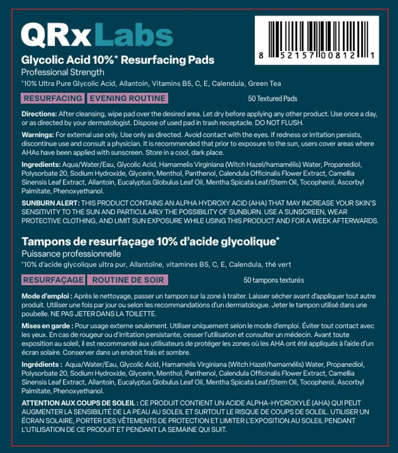 QRxLabs Glycolic Acid Pads - 50-Count Jar, 10% Glycolic Acid - AHA Resurfacing Peel & Exfoliating Face Pads - Alcohol-Free Rinse-Free With Vitamins B5, C & E & Green Tea Extract