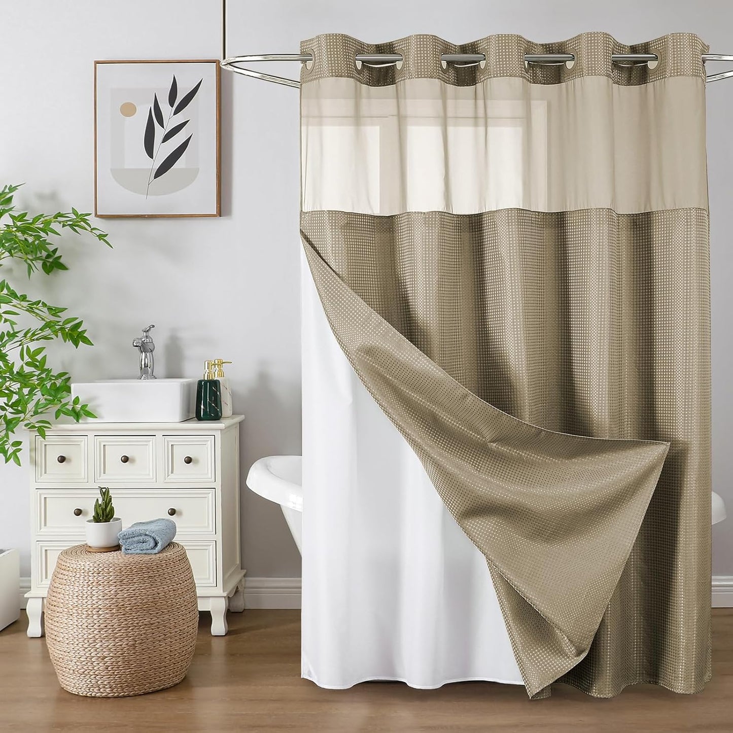 Colorful Star No Hook Shower Curtain with Snap in Fabric Liner, Waffle Weave Heavy Duty Thick Shower Curtains with Mesh Top Window, Hotel Style Waterproof Bathroom Curtain Set, 72 x 81 Inch, Beige