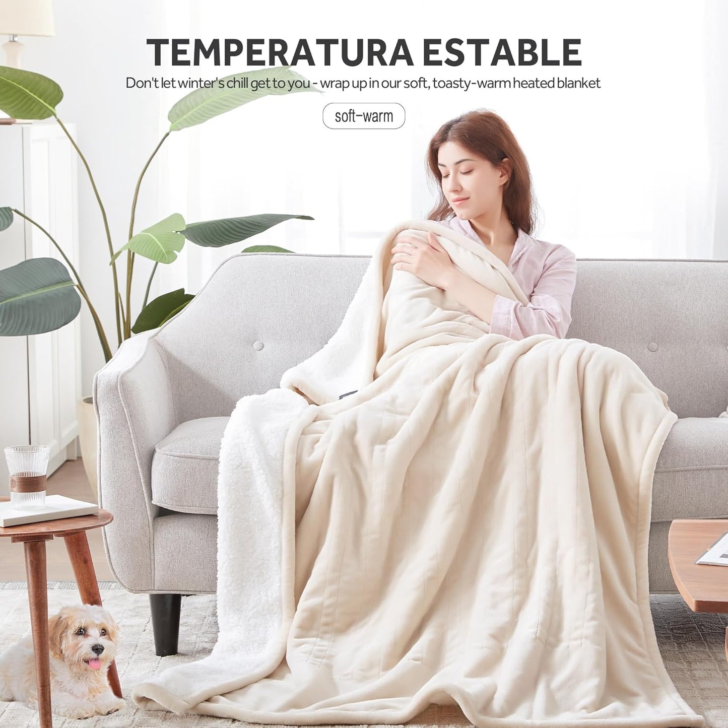Heated Blanket Electric Blanket Full Size Soft Flannel Sherpa, 6 Heat Levels Fast Heating, 2 to 10 Hours Auto-Off Detachable Controller Machine Washable, Beige 72"x84"